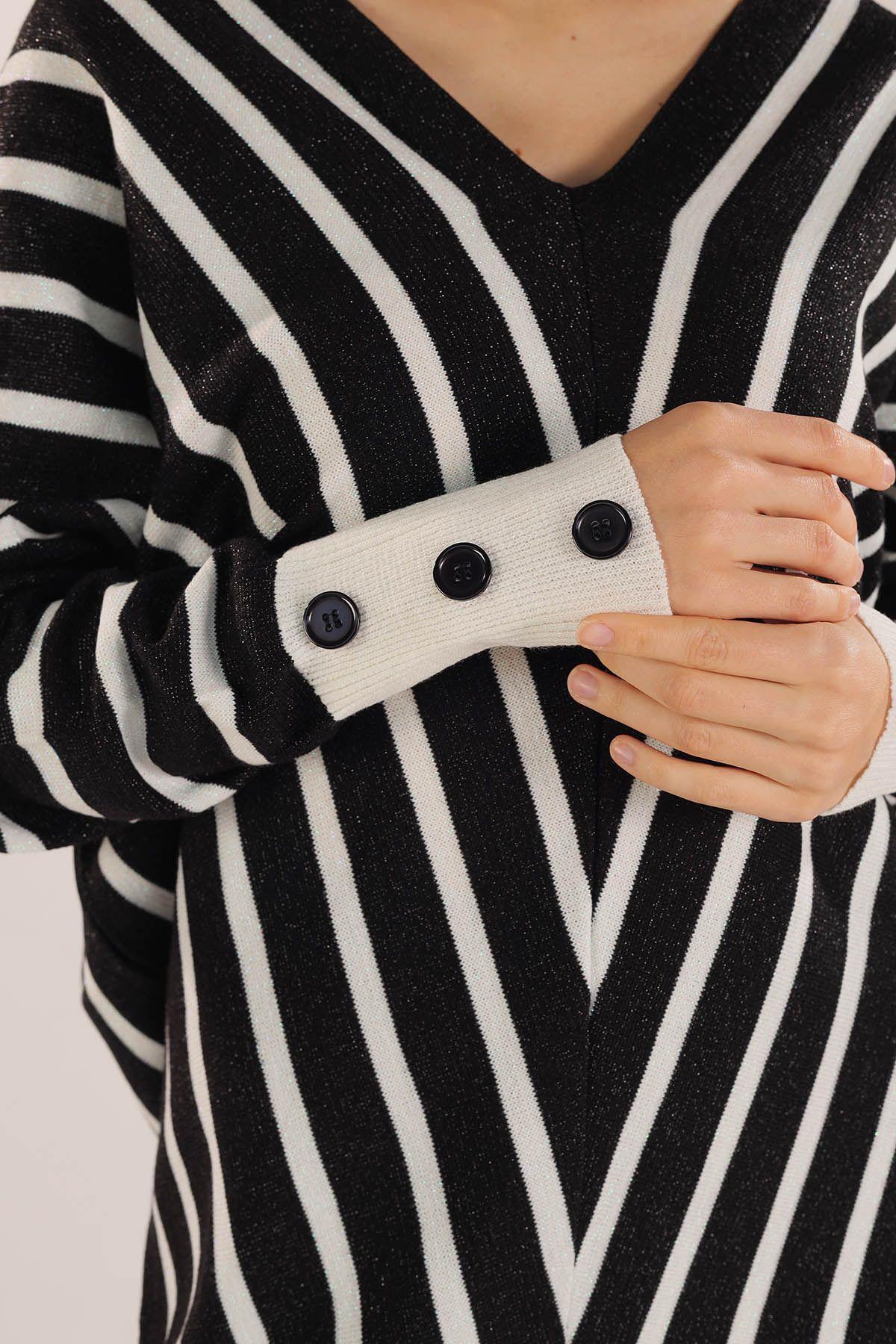 Siyah Omuz Zincir Çizgili Kazak 21004 - 8