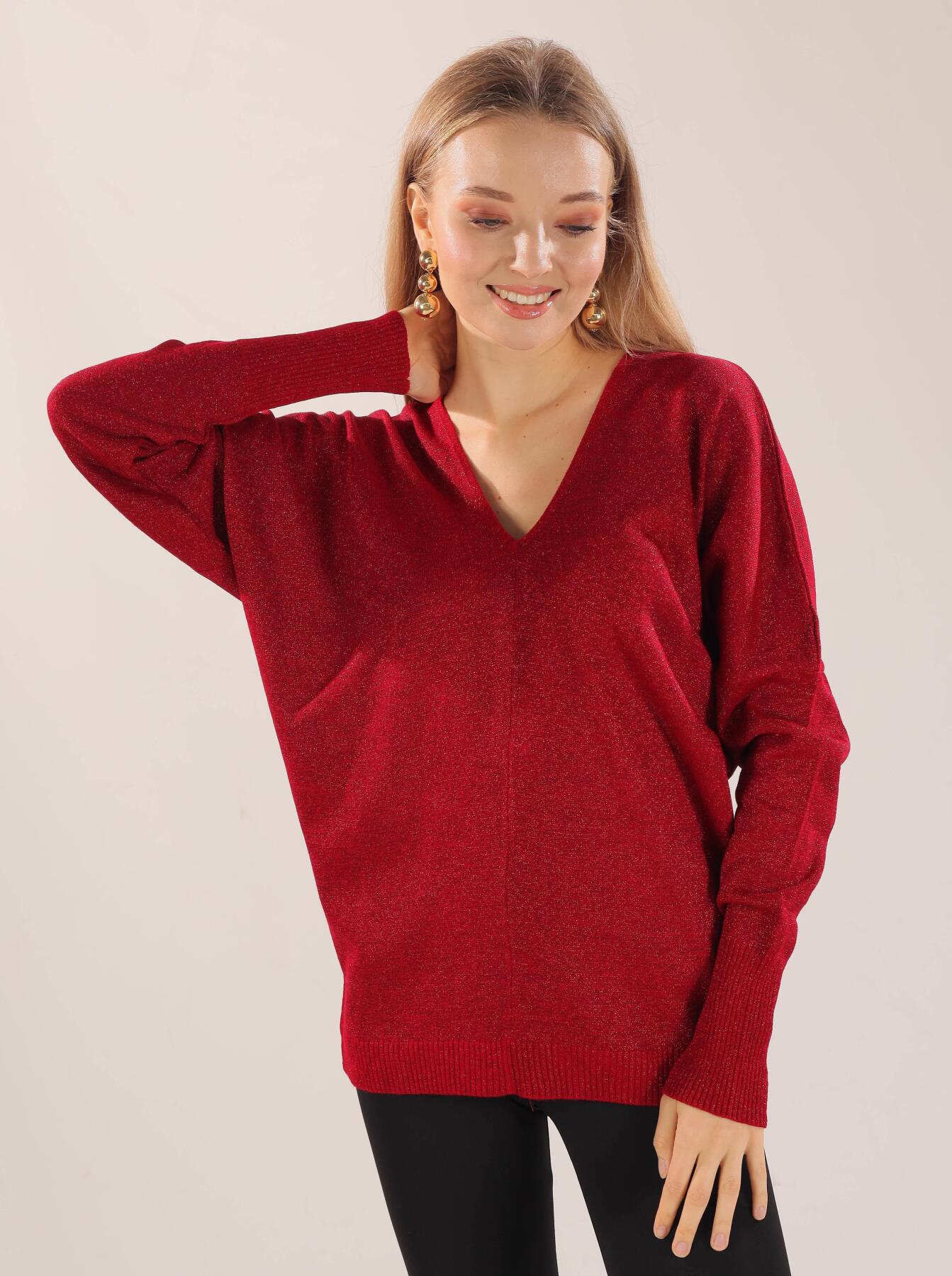 Kırmızı V Yaka Kazak 21005 - 1