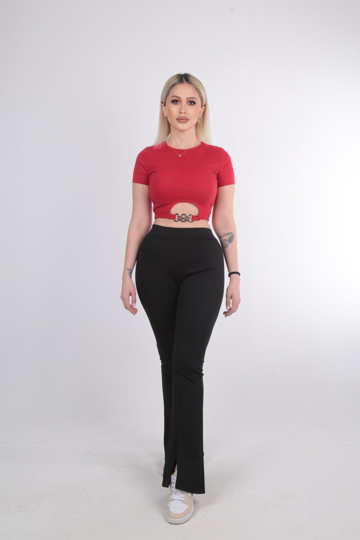 2101 İspanyol Paça Yırtmaçlı Tayt Siyah - 3