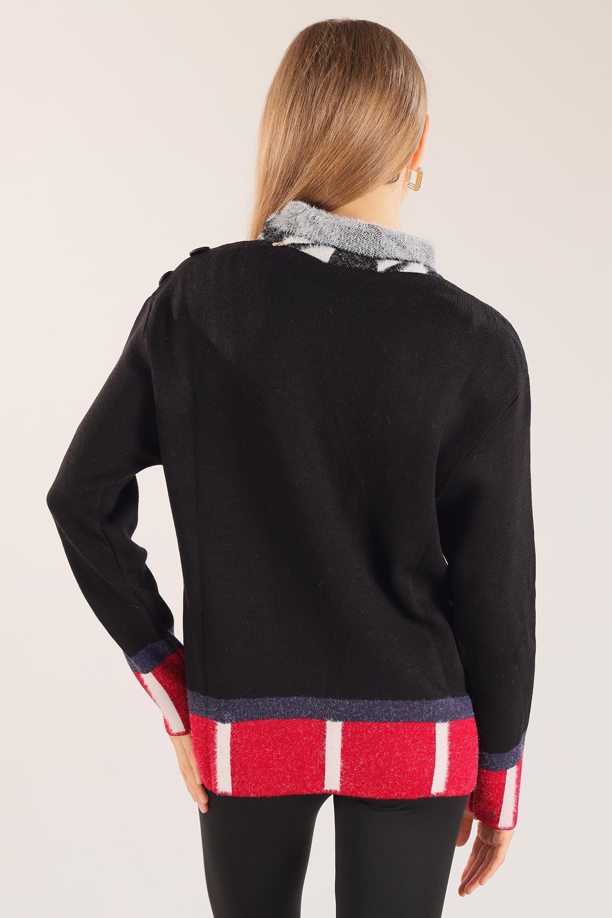 Beyaz Degaje Yaka Desenli Kazak 21040 - 6