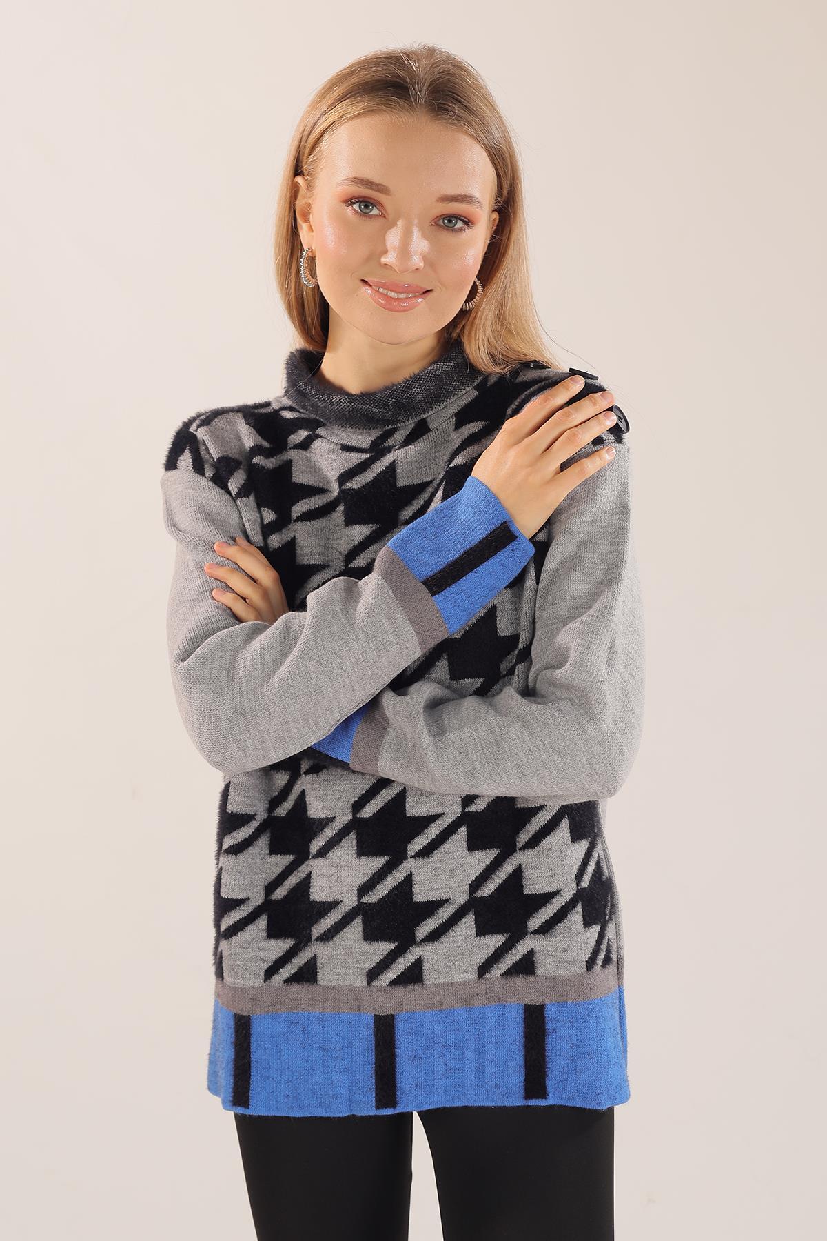 21040 Degaje Yaka Desenli Kazak Gri - 2