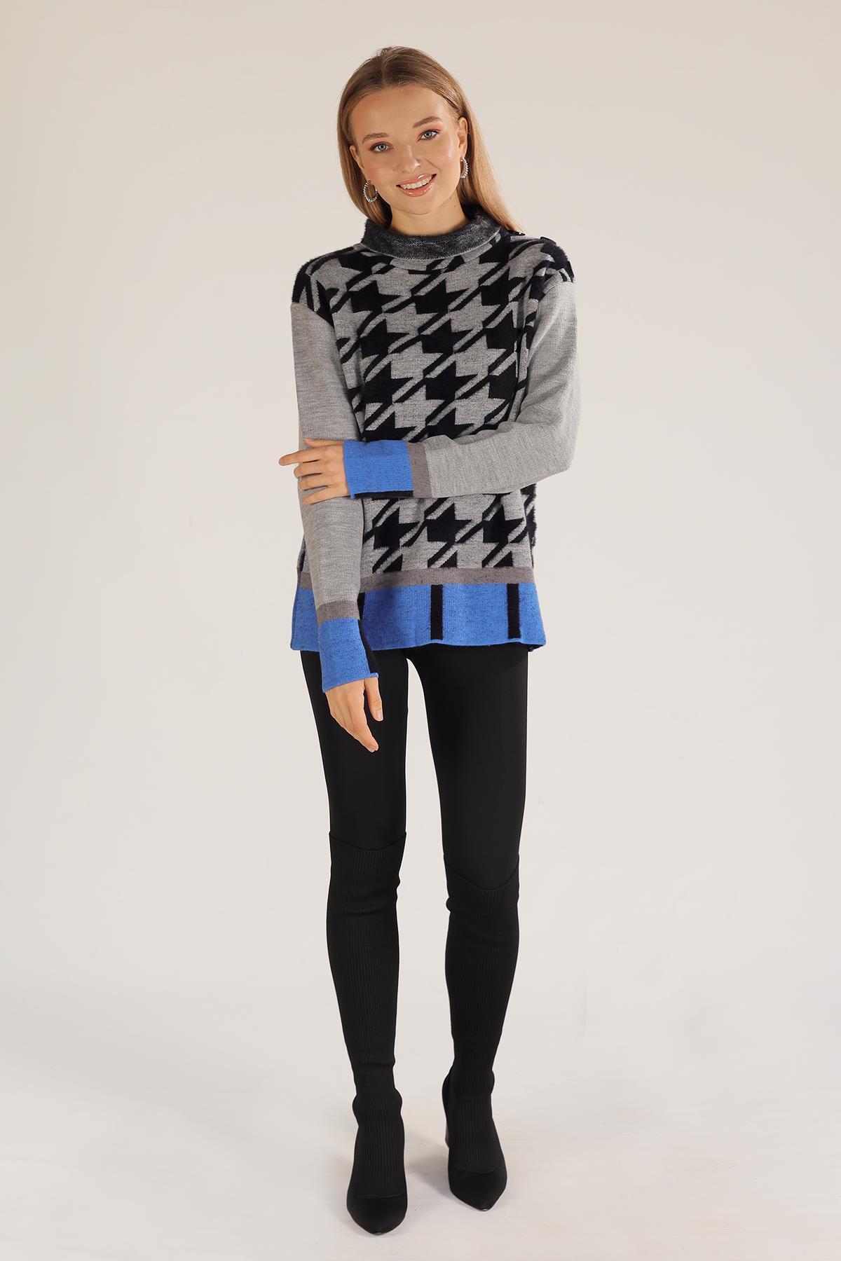 21040 Degaje Yaka Desenli Kazak Gri - 5