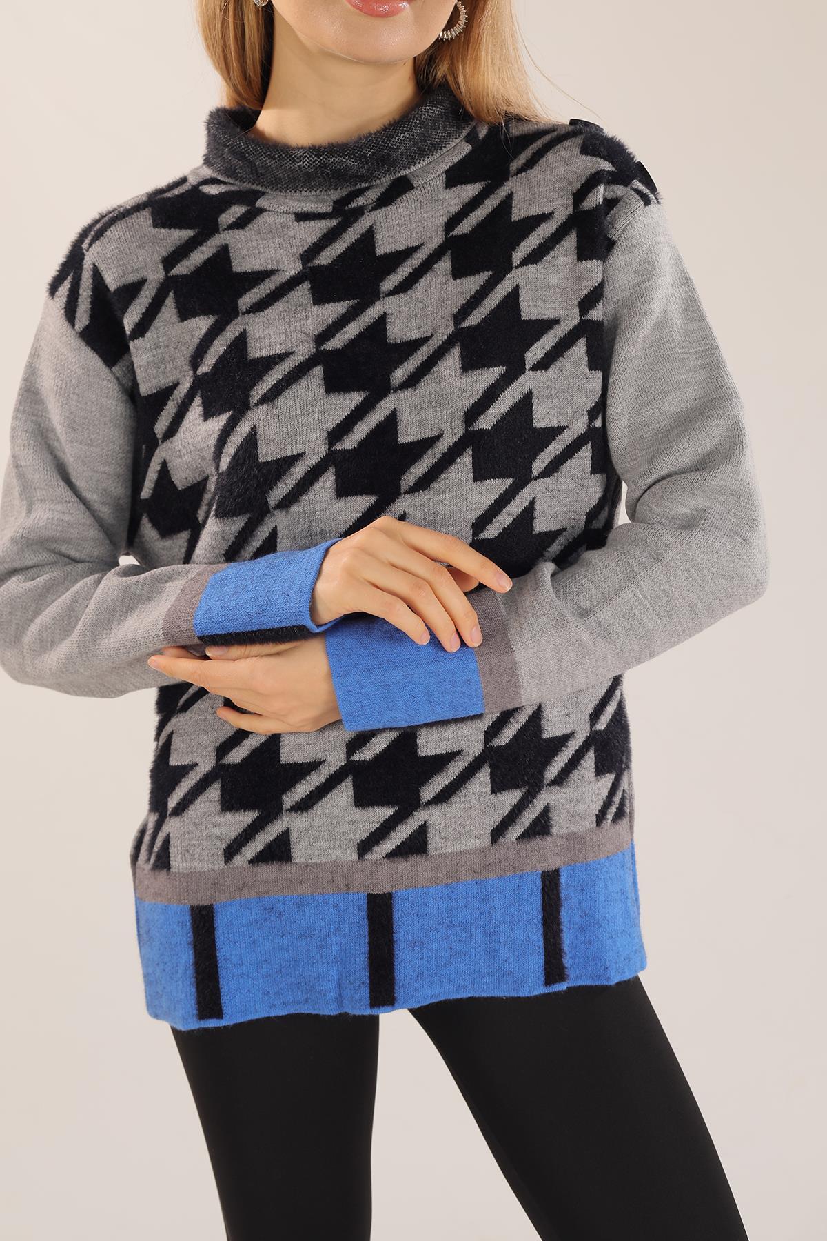 21040 Degaje Yaka Desenli Kazak Gri - 3