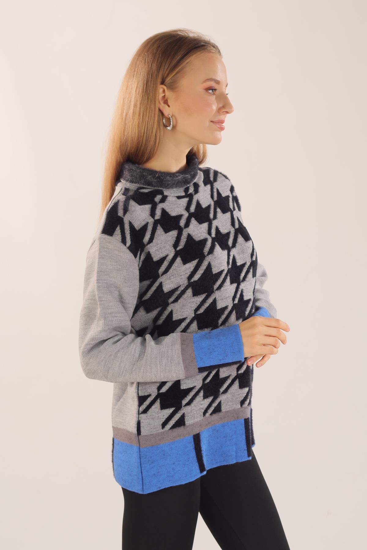 21040 Degaje Yaka Desenli Kazak Gri - 4