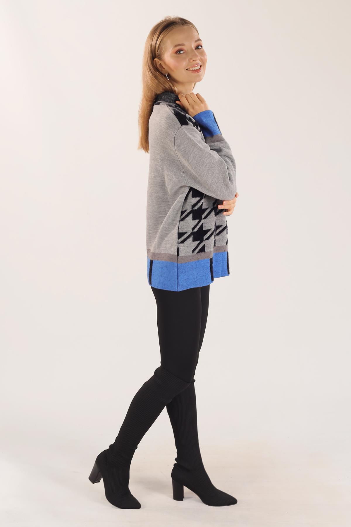 21040 Degaje Yaka Desenli Kazak Gri - 6