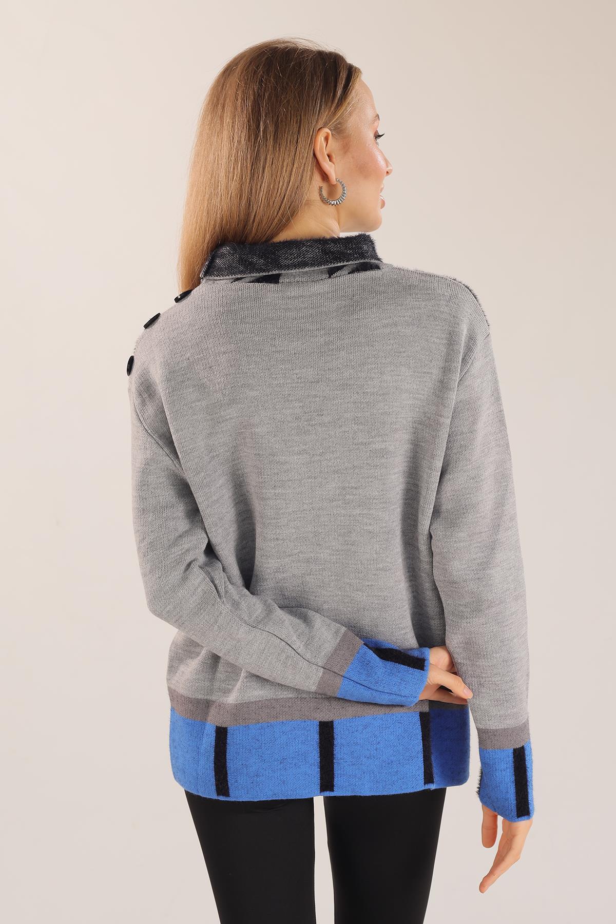 21040 Degaje Yaka Desenli Kazak Gri - 8