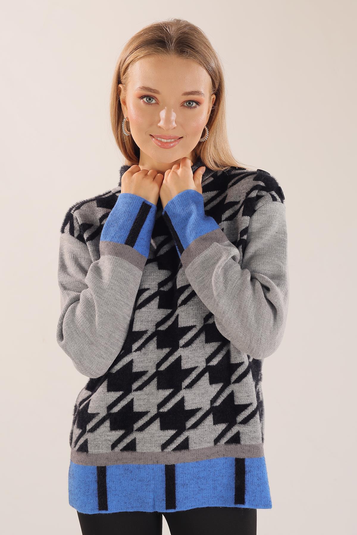 Gri Degaje Yaka Desenli Kazak 21040 - 1