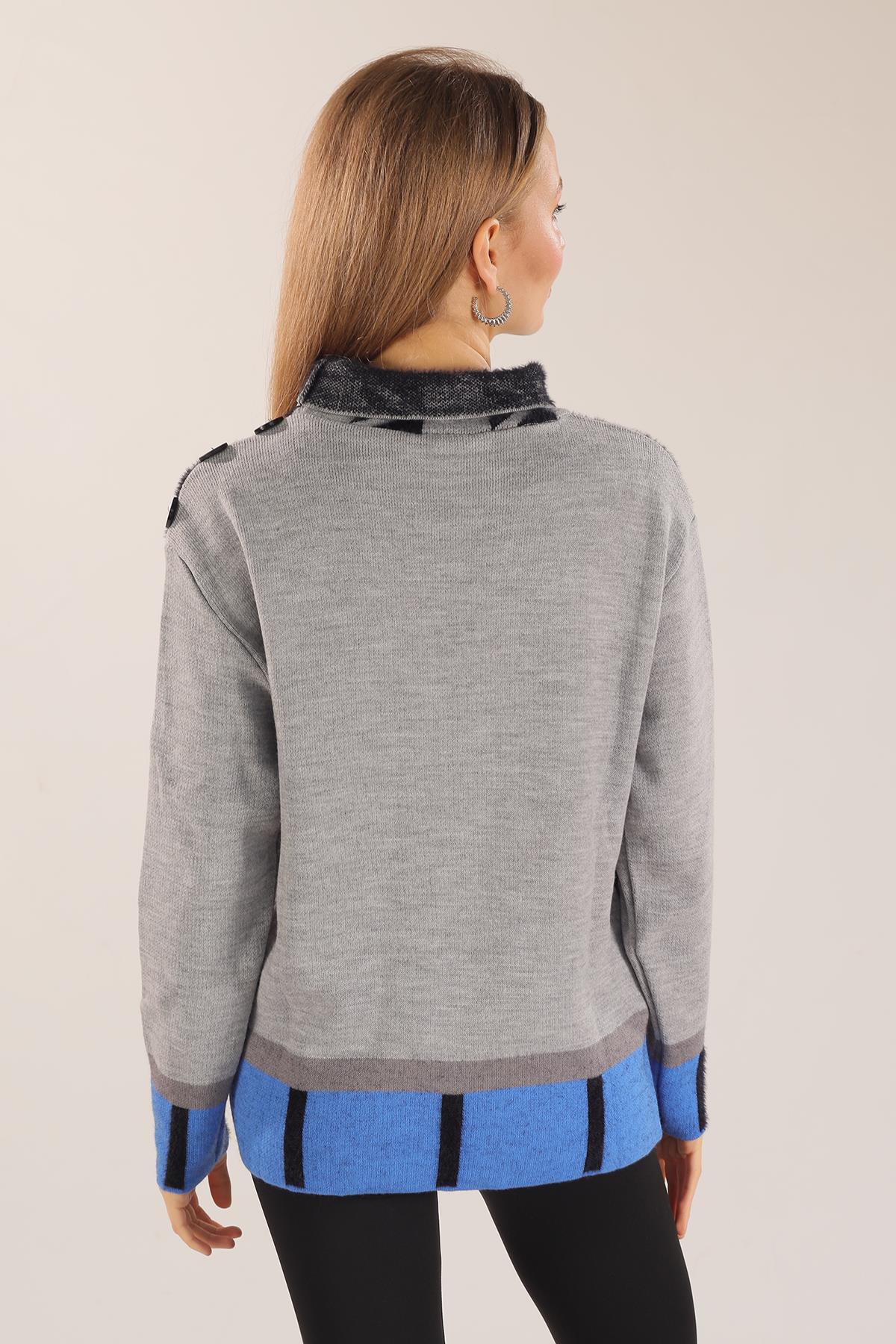 Gri Degaje Yaka Desenli Kazak 21040 - 7