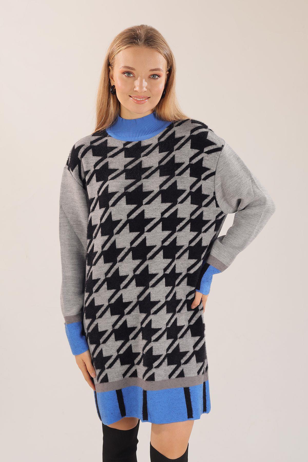 Gri Balıkçı Yaka Desenli Kazak 21041 - 3