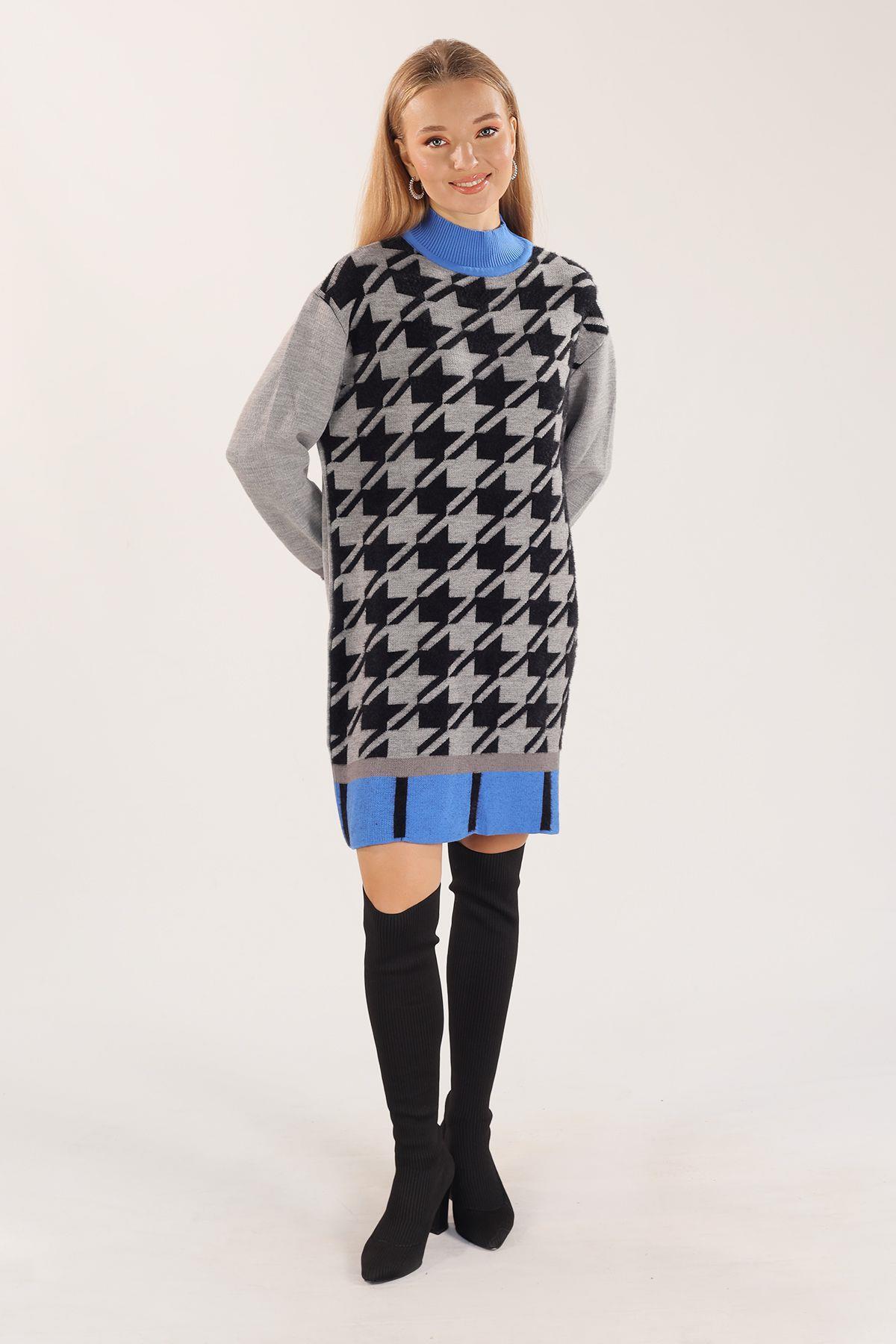 Gri Balıkçı Yaka Desenli Kazak 21041 - 6