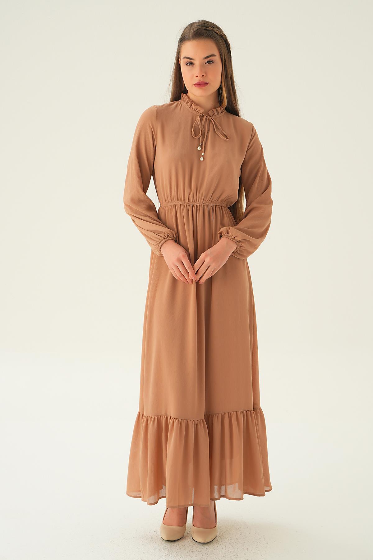 Bej Yaka Bağcık Uzun Elbise 2110 