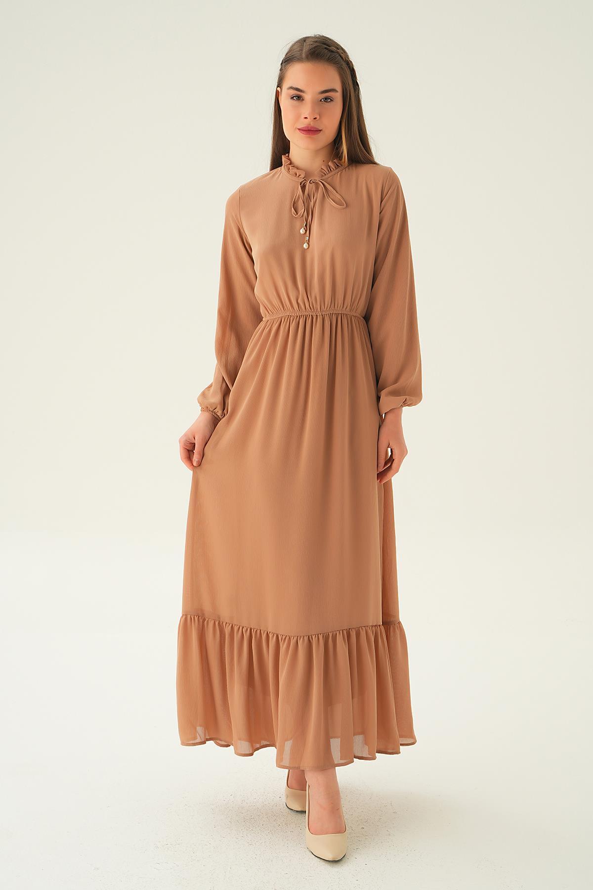 Bej Yaka Bağcık Uzun Elbise 2110 - 2