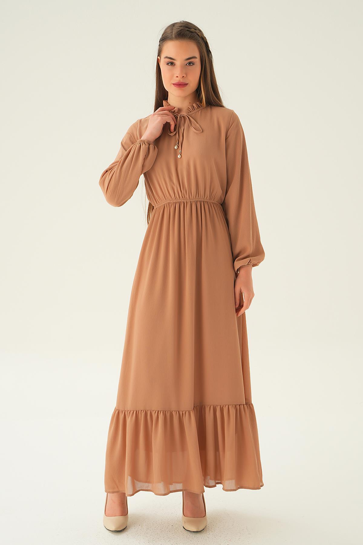 Bej Yaka Bağcık Uzun Elbise 2110 - 3