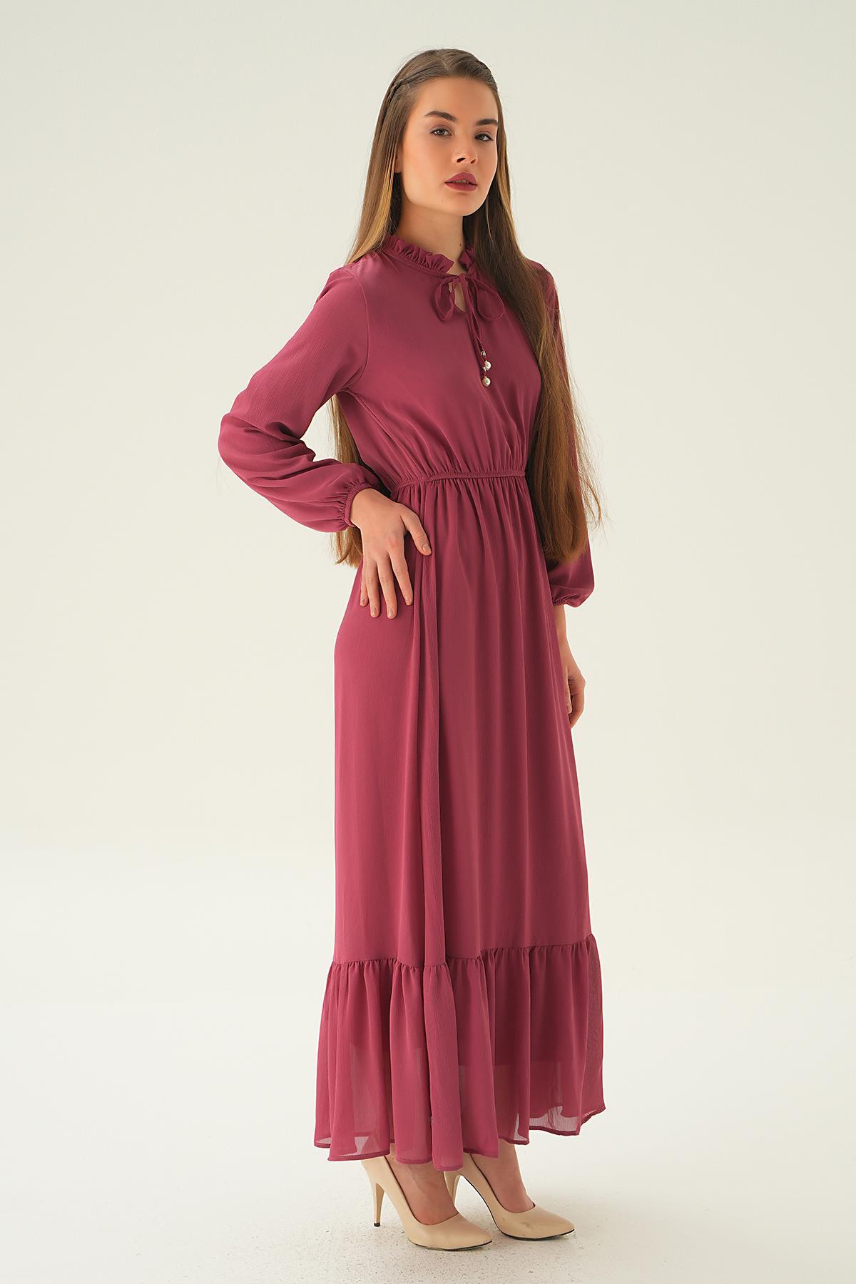 2110 Yaka Bağcık Uzun Elbise Gül - 4