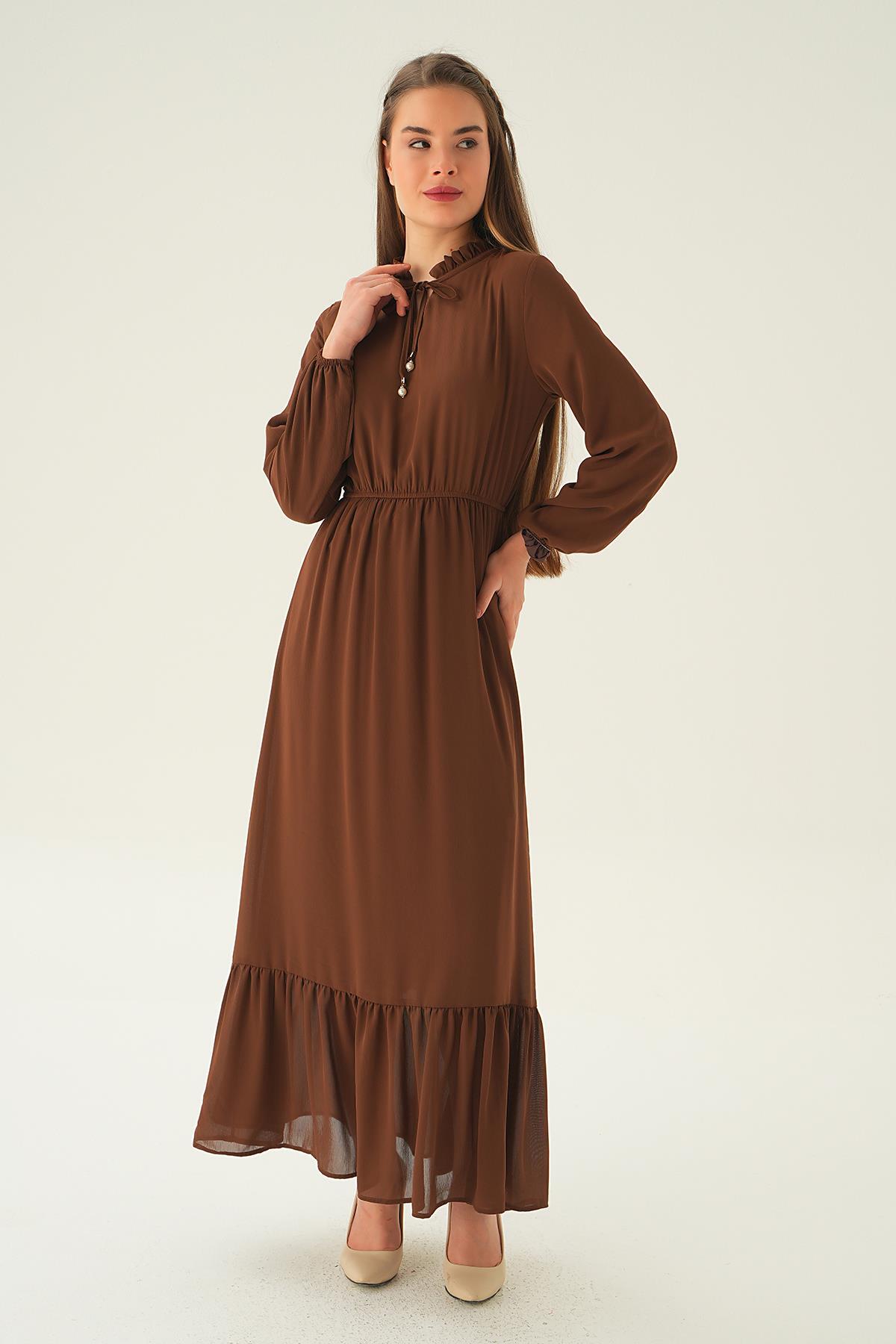 2110 Yaka Bağcık Uzun Elbise Kahve - 3