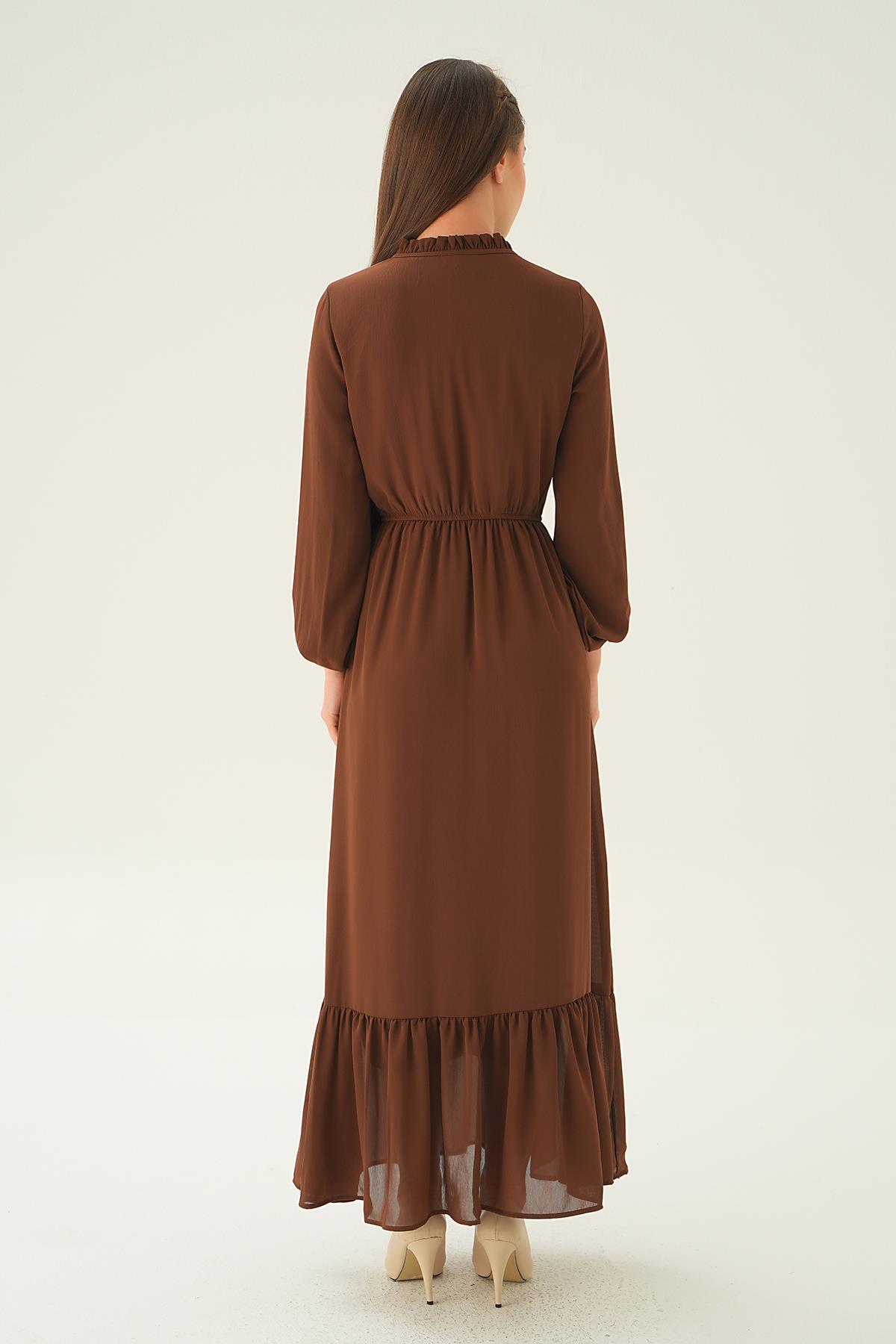 2110 Yaka Bağcık Uzun Elbise Kahve - 5