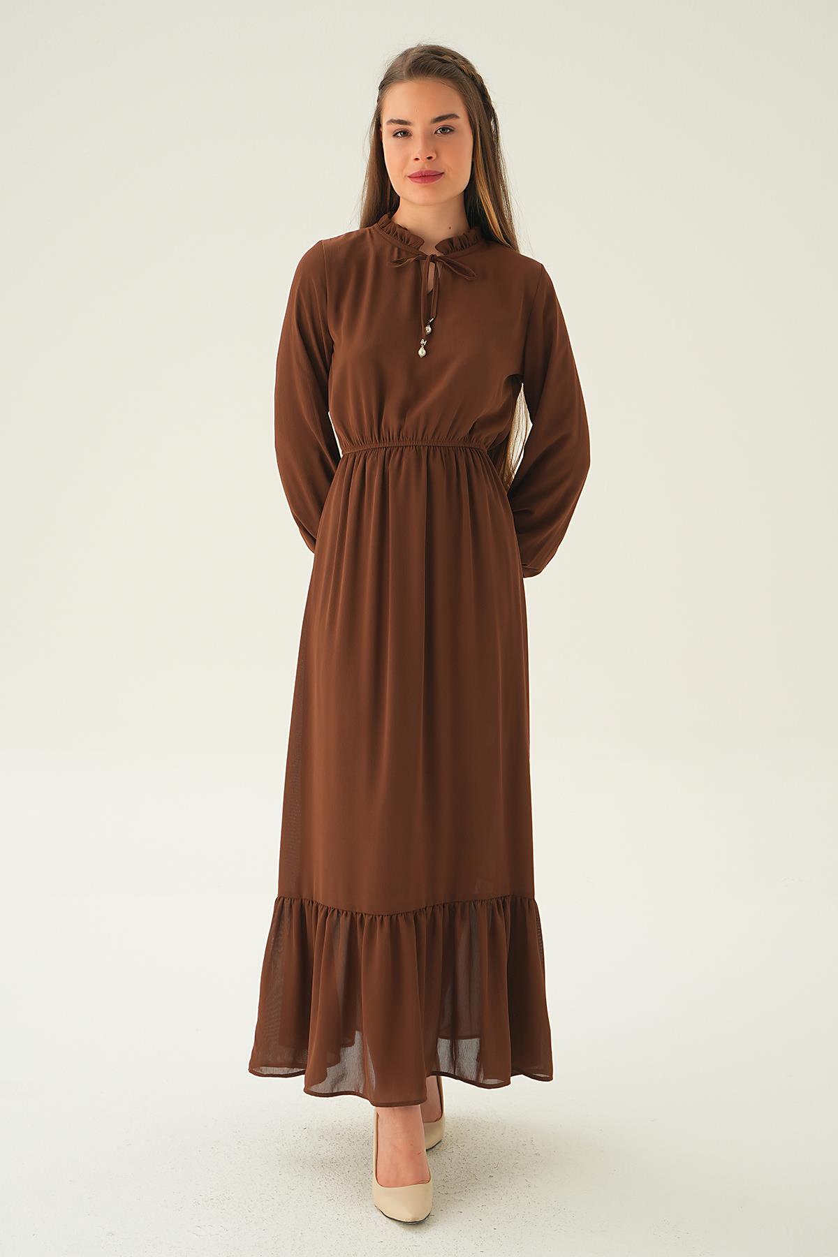 Kahve Yaka Bağcık Uzun Elbise 2110 - 1