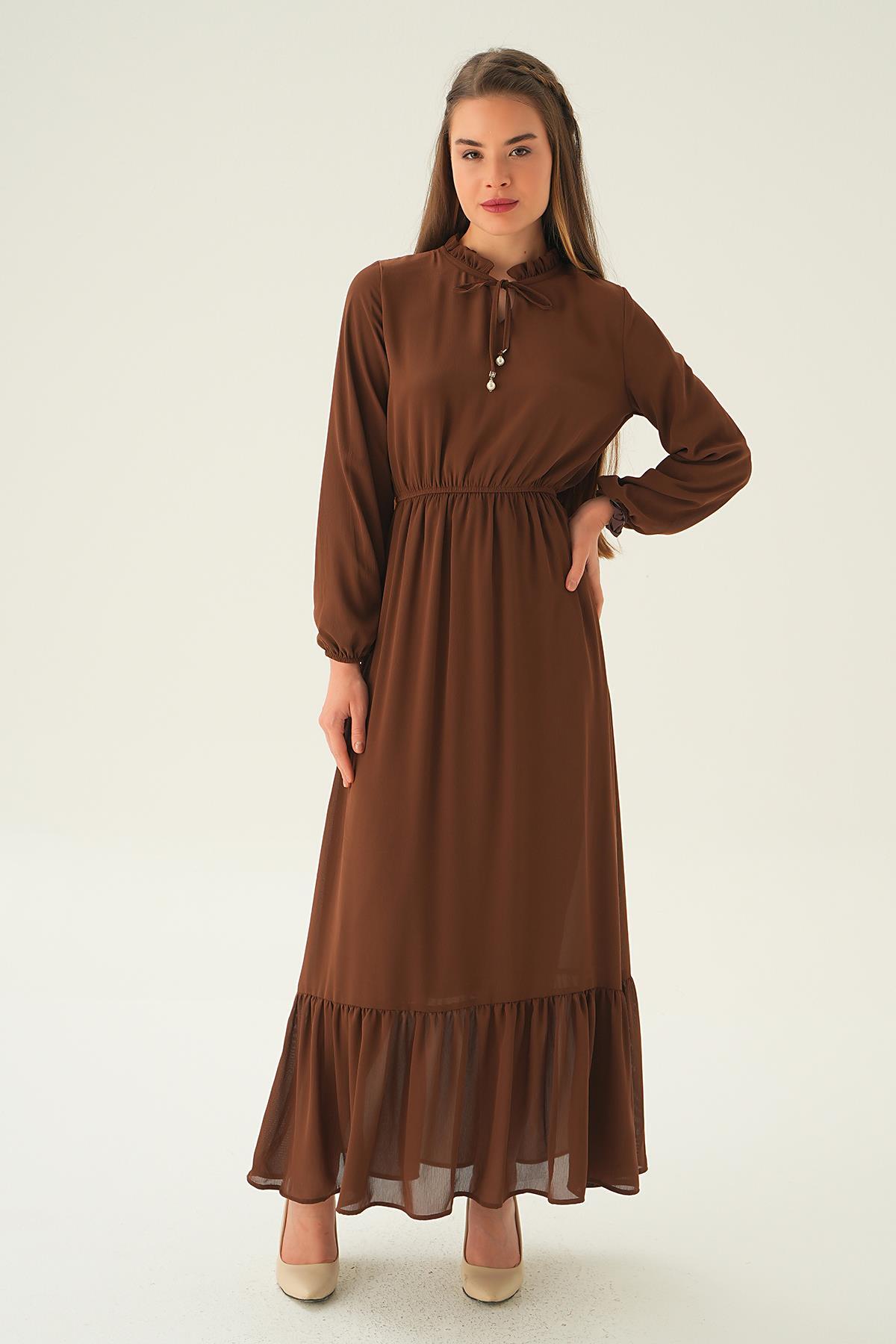Kahve Yaka Bağcık Uzun Elbise 2110 - 2