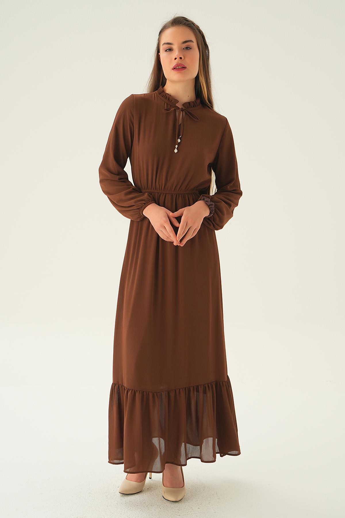 Kahve Yaka Bağcık Uzun Elbise 2110 - 4