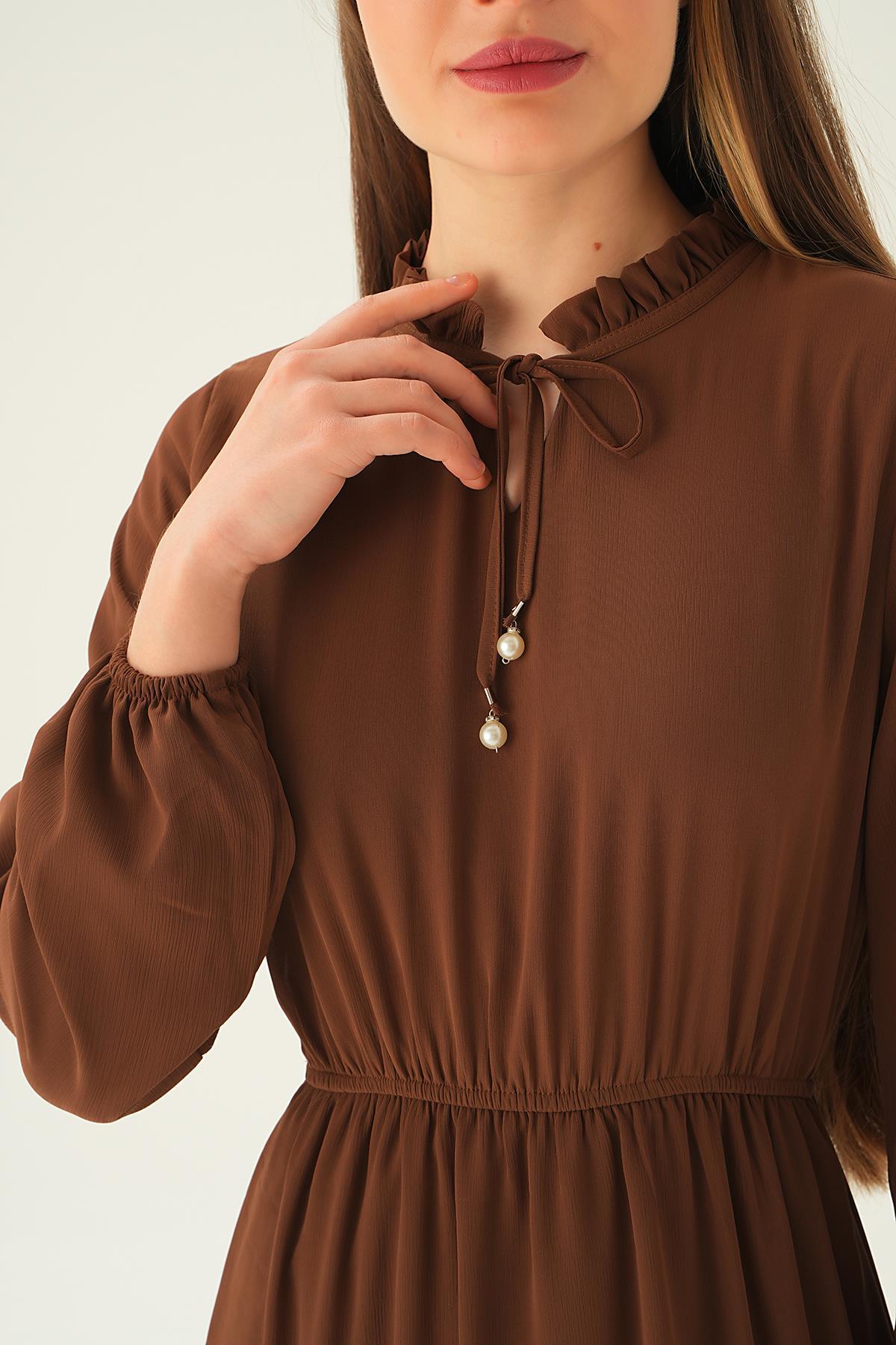 Kahve Yaka Bağcık Uzun Elbise 2110 - 6