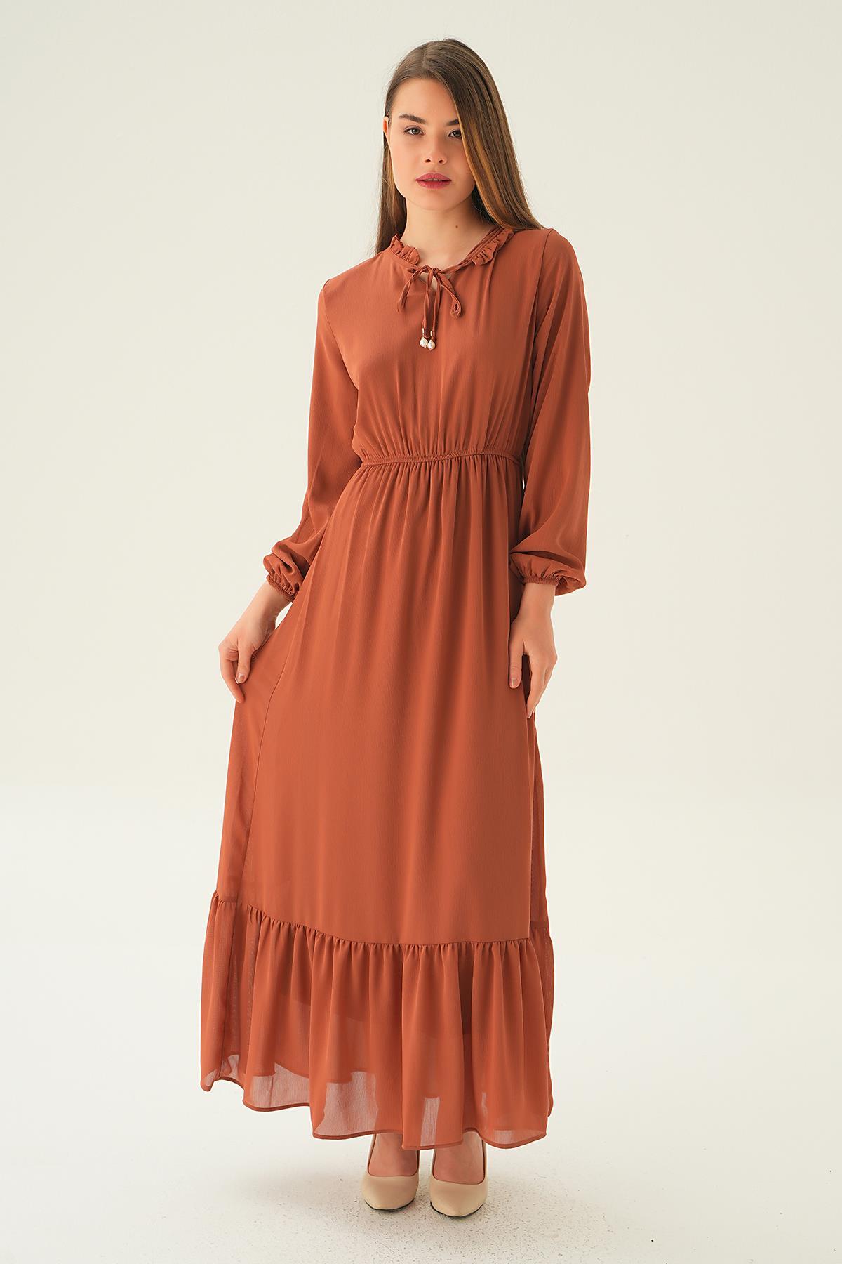 2110 Yaka Bağcık Uzun Elbise Kiremit - 1