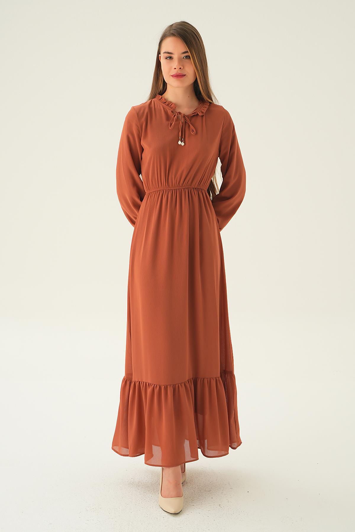 2110 Yaka Bağcık Uzun Elbise Kiremit - 2