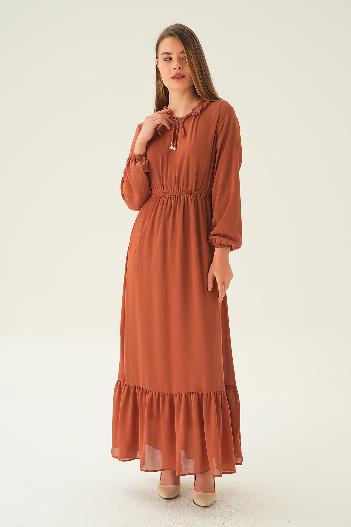 2110 Yaka Bağcık Uzun Elbise Kiremit - 4