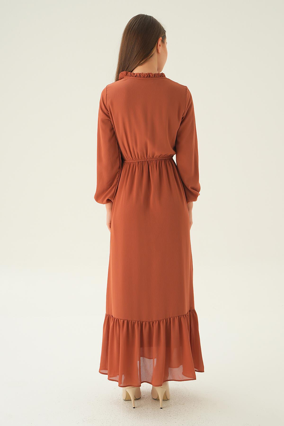 2110 Yaka Bağcık Uzun Elbise Kiremit - 6