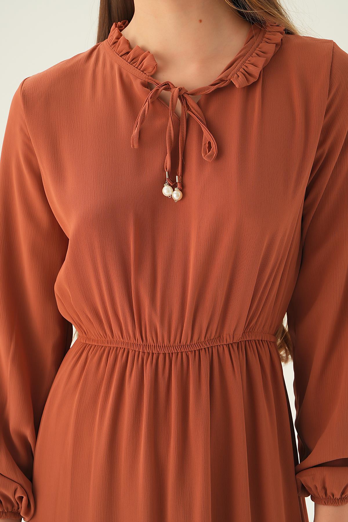 Kiremit Yaka Bağcık Uzun Elbise 2110 - 3