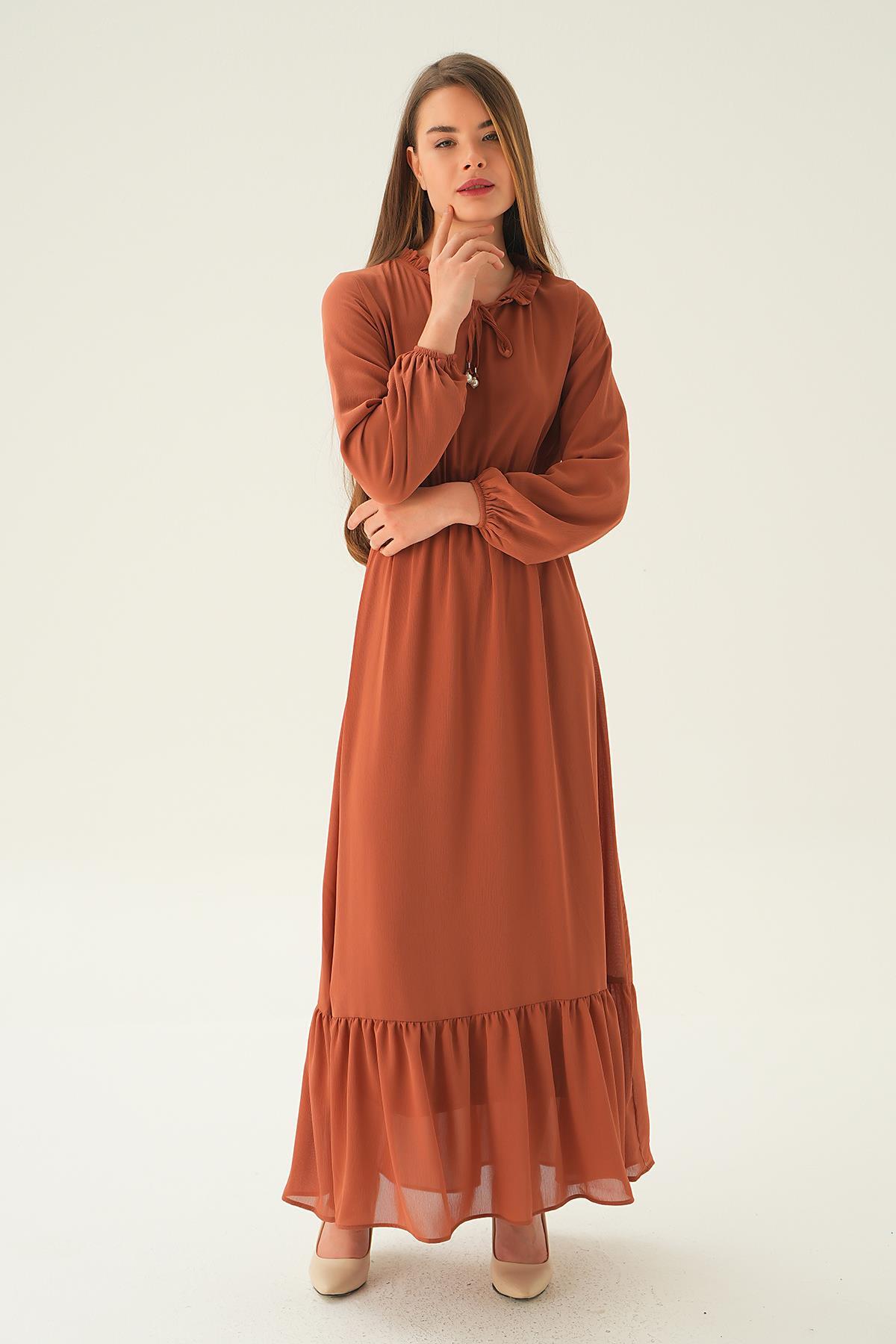 Kiremit Yaka Bağcık Uzun Elbise 2110 - 5