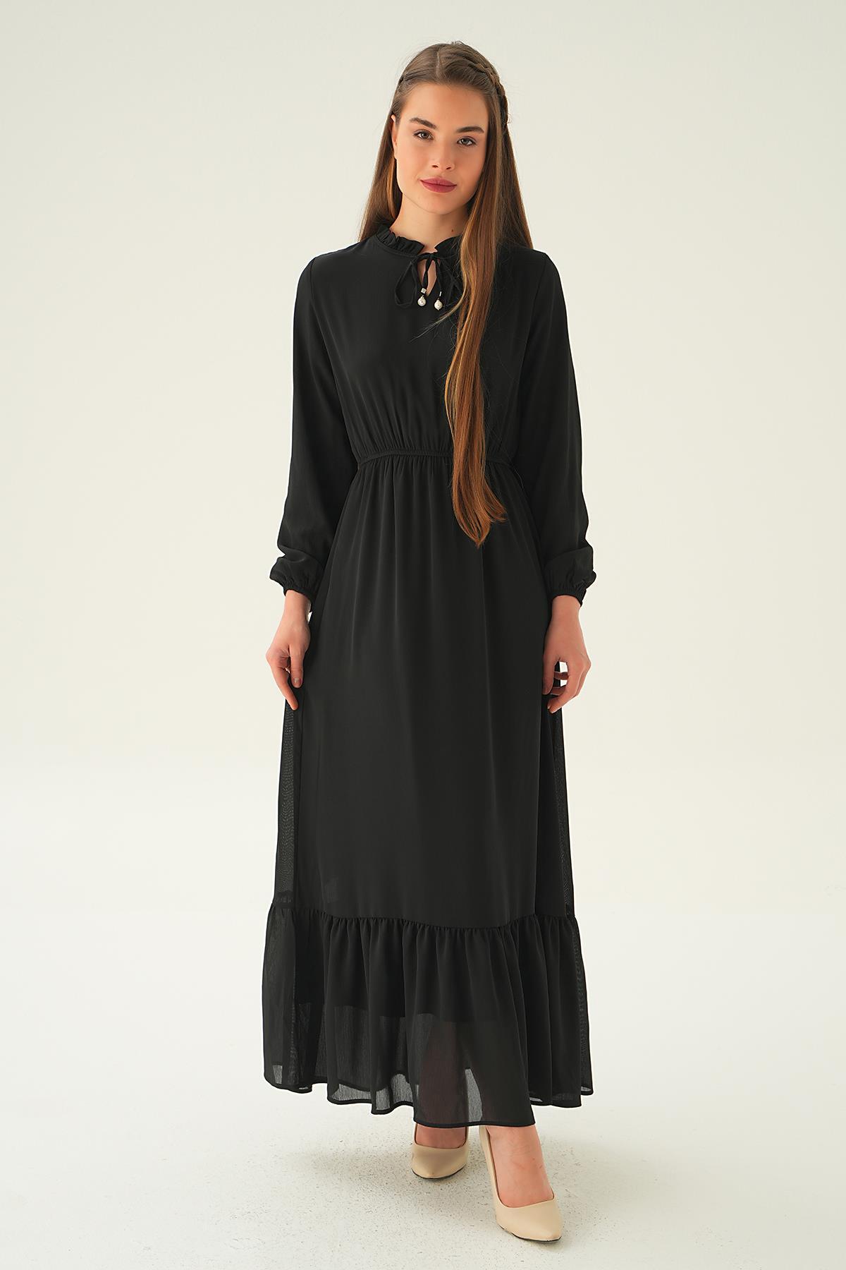 2110 Yaka Bağcık Uzun Elbise Siyah - 6