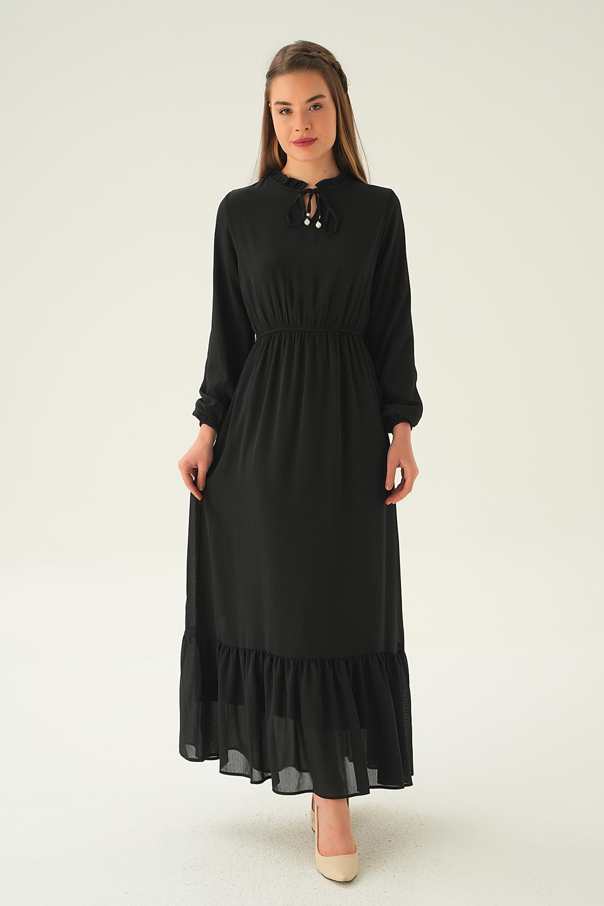 Siyah Yaka Bağcık Uzun Elbise 2110 