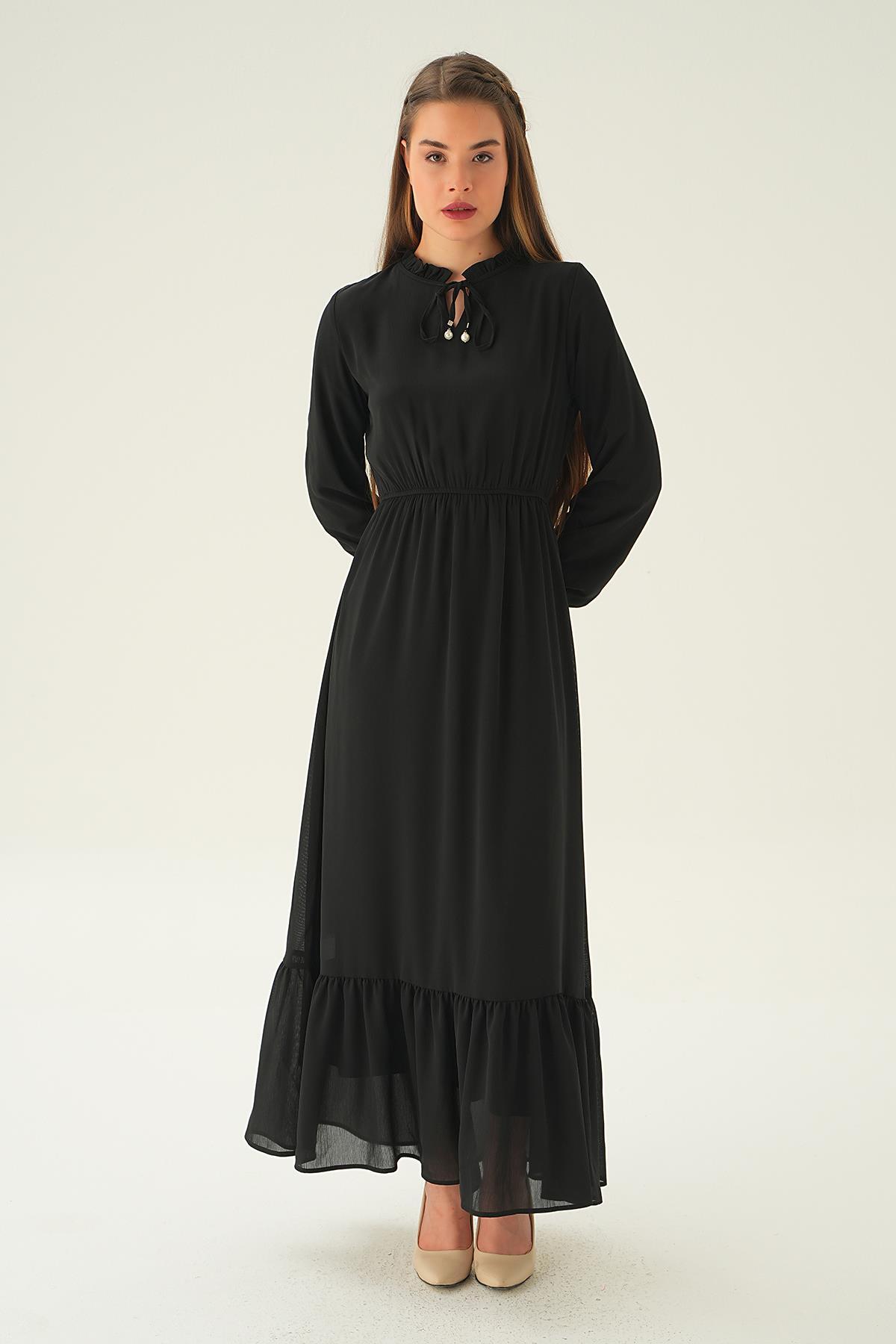 Siyah Yaka Bağcık Uzun Elbise 2110 - 3