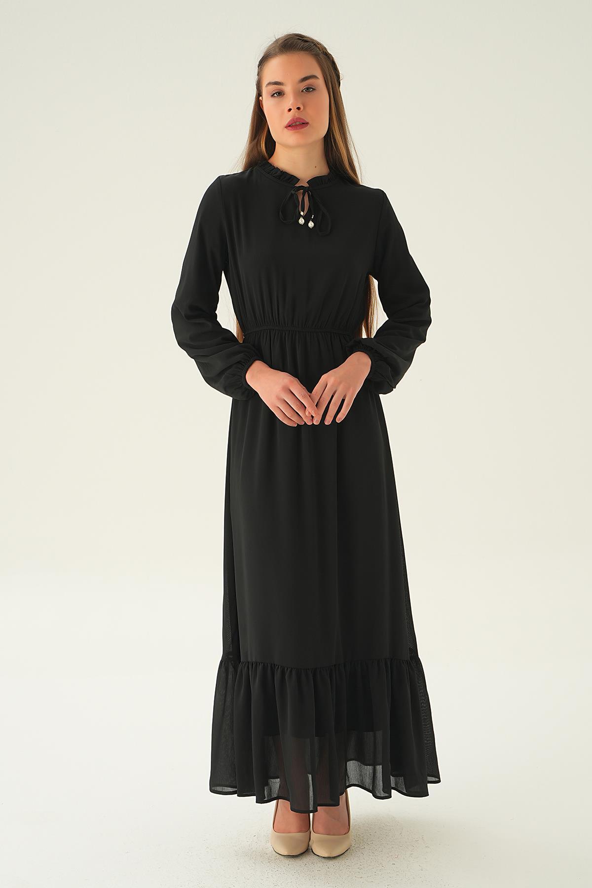 Siyah Yaka Bağcık Uzun Elbise 2110 - 4