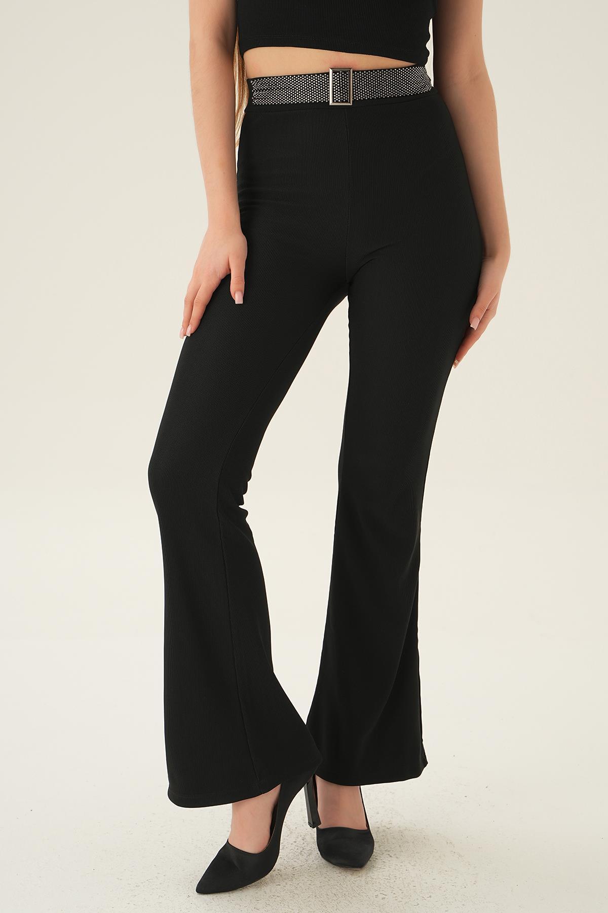 2122 Taşlı Kemer Detay Pantolon Siyah - 1