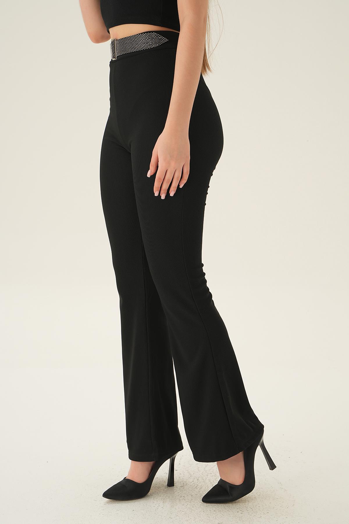2122 Taşlı Kemer Detay Pantolon Siyah - 3