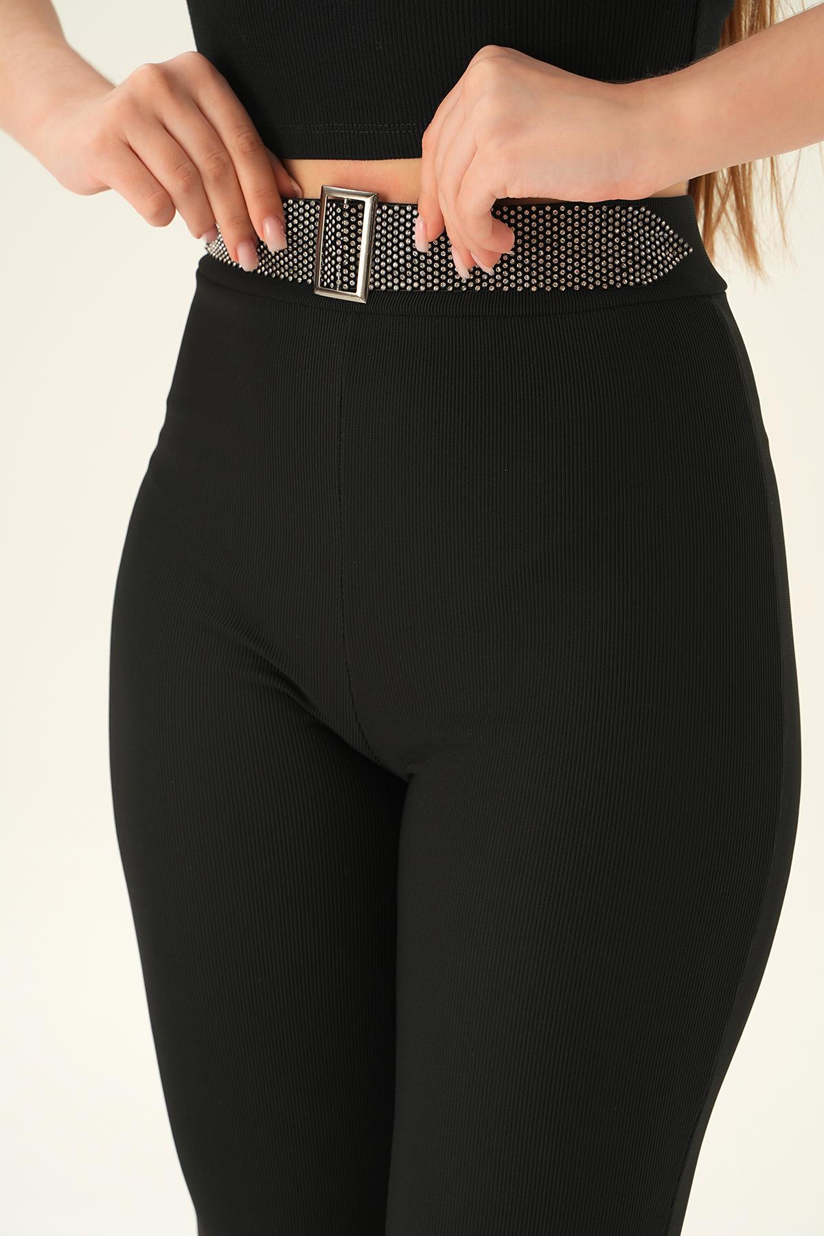 2122 Taşlı Kemer Detay Pantolon Siyah - 5