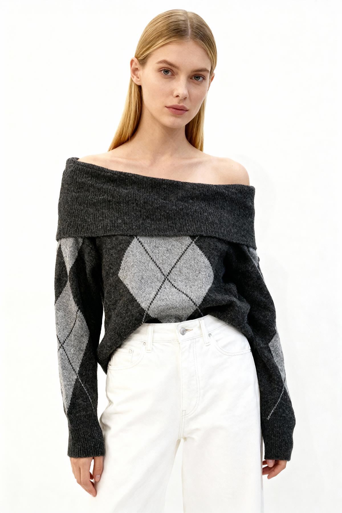 2123 Baklava Desenli Kazak Antrasit-Açık Gri - 1