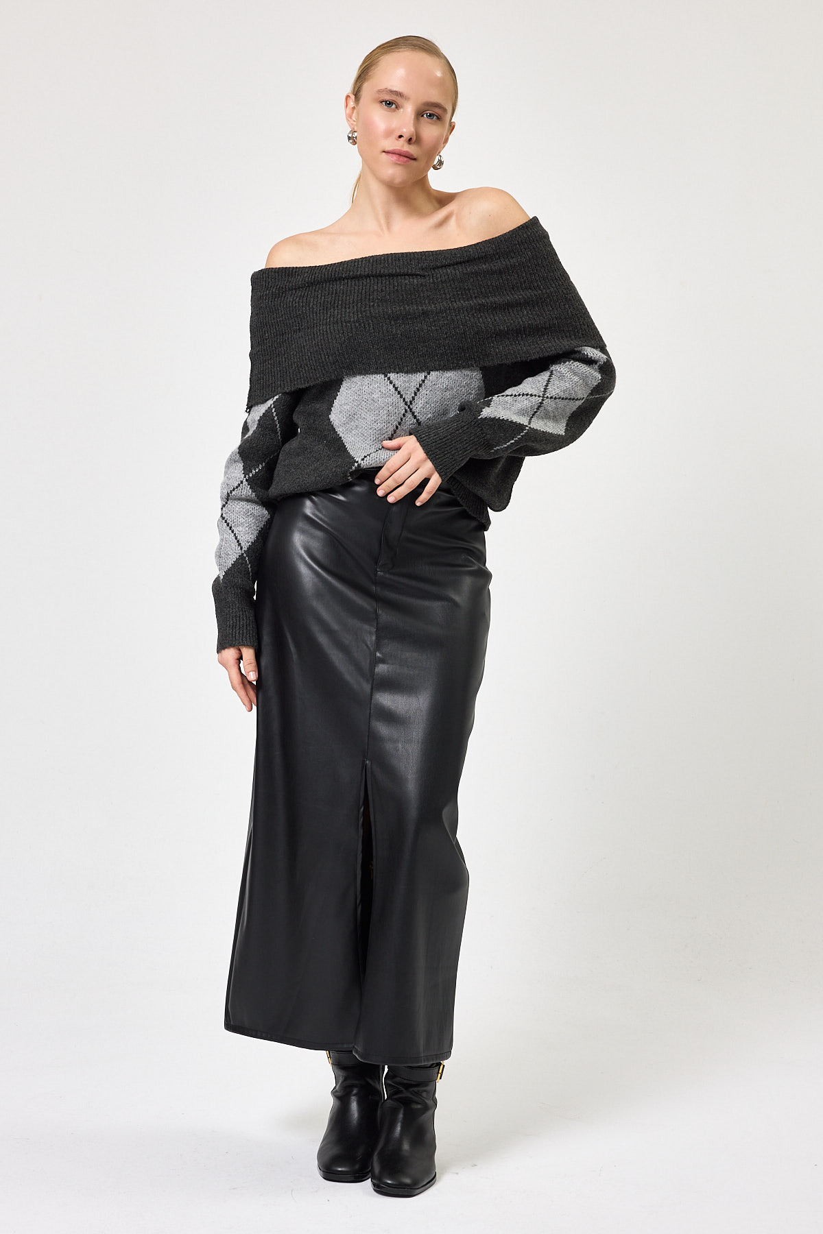 Antrasit - Açık Gri Düşük Omuz Desenli Kadın Triko Kazak 2123 - RAYS