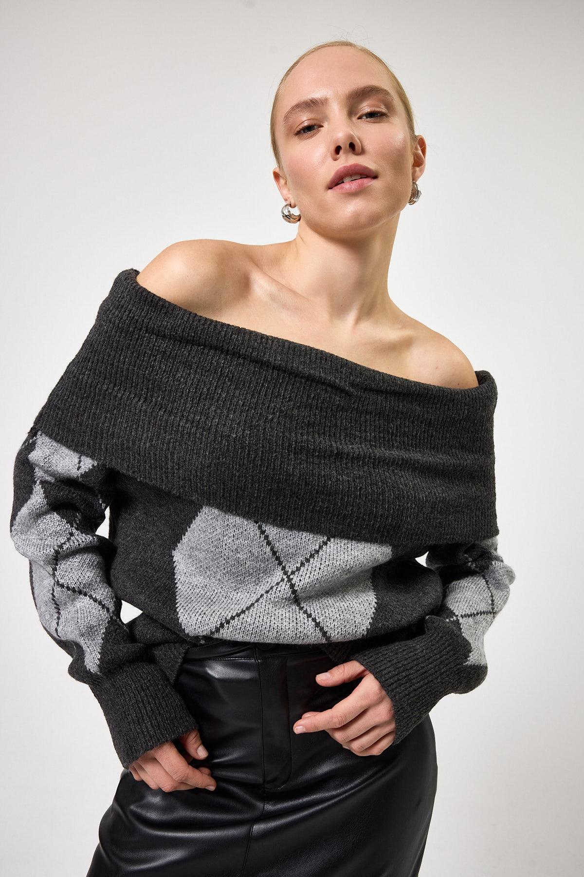 Antrasit - Açık Gri Düşük Omuz Desenli Kadın Triko Kazak 2123 