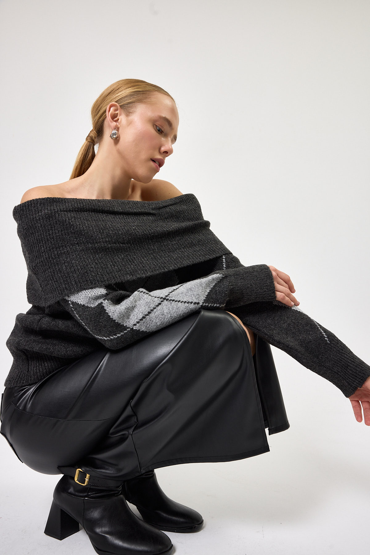 Antrasit - Açık Gri Düşük Omuz Desenli Kadın Triko Kazak 2123 - 7