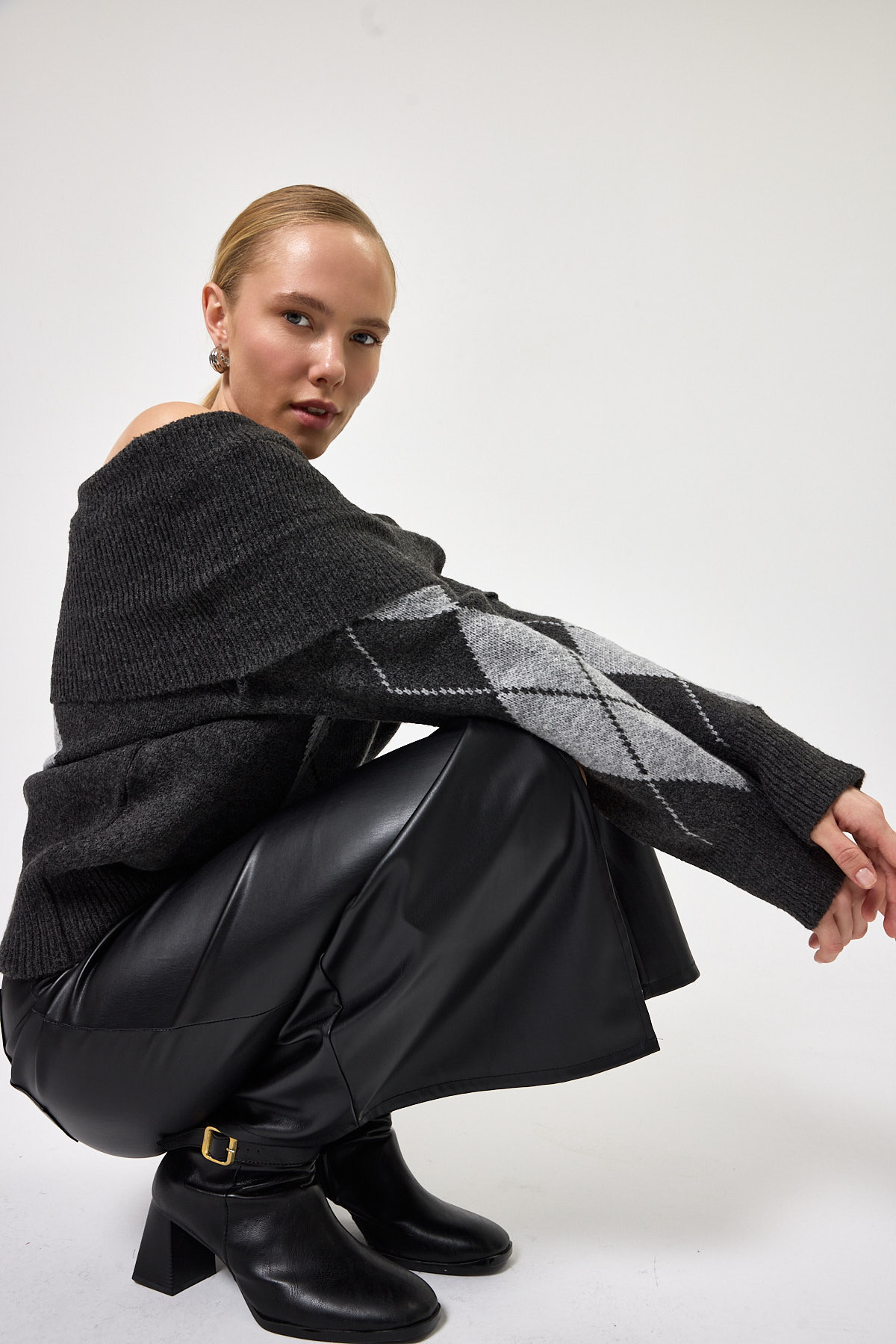 Antrasit - Açık Gri Düşük Omuz Desenli Kadın Triko Kazak 2123 - 8