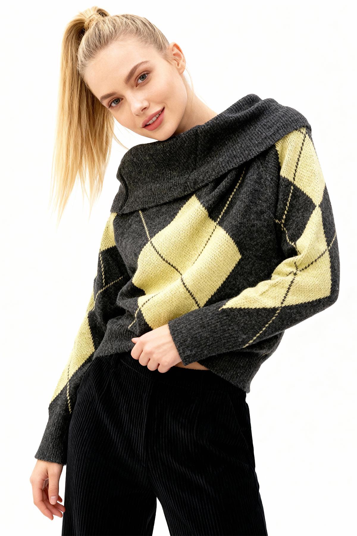 2123 Baklava Desenli Kazak Antrasit-Sarı - RAYS