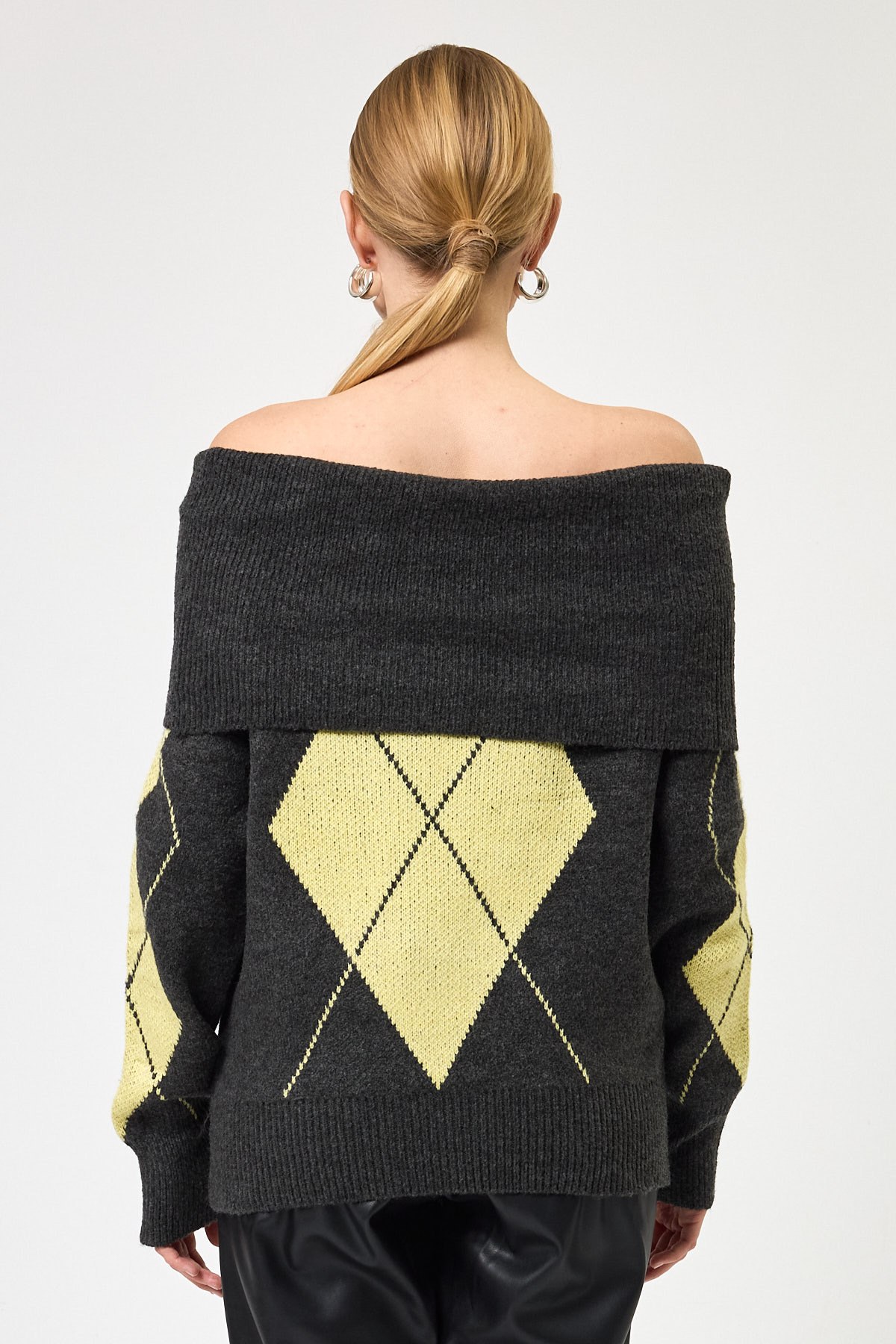 Antrasit - Sarı Düşük Omuz Desenli Kadın Triko Kazak 2123 - 5