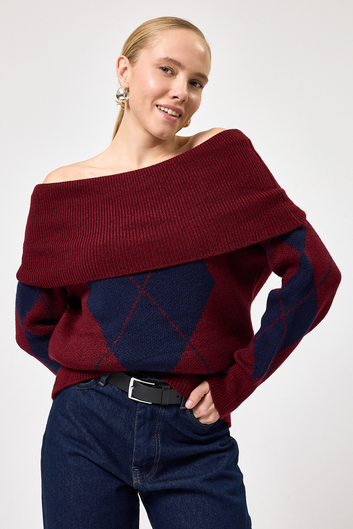 2123 Baklava Desenli Kazak Bordo-Laci - 2