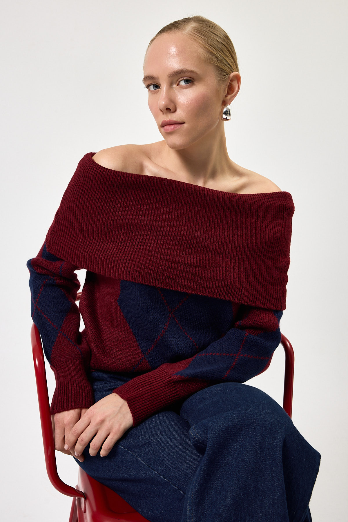 Bordo - Lacivert Düşük Omuz Desenli Kadın Triko Kazak 2123 - RAYS (1)