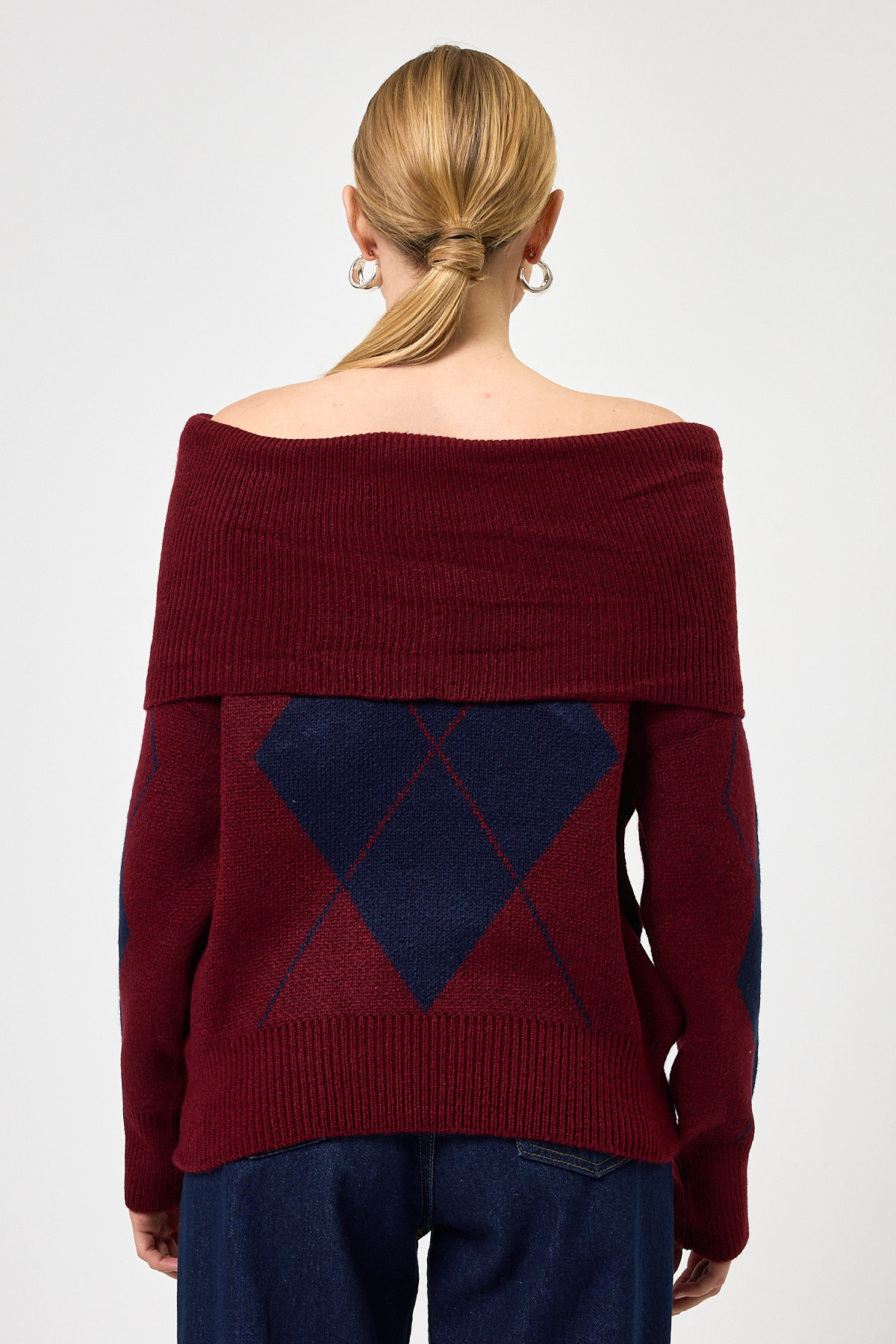 Bordo - Lacivert Düşük Omuz Desenli Kadın Triko Kazak 2123 - 5