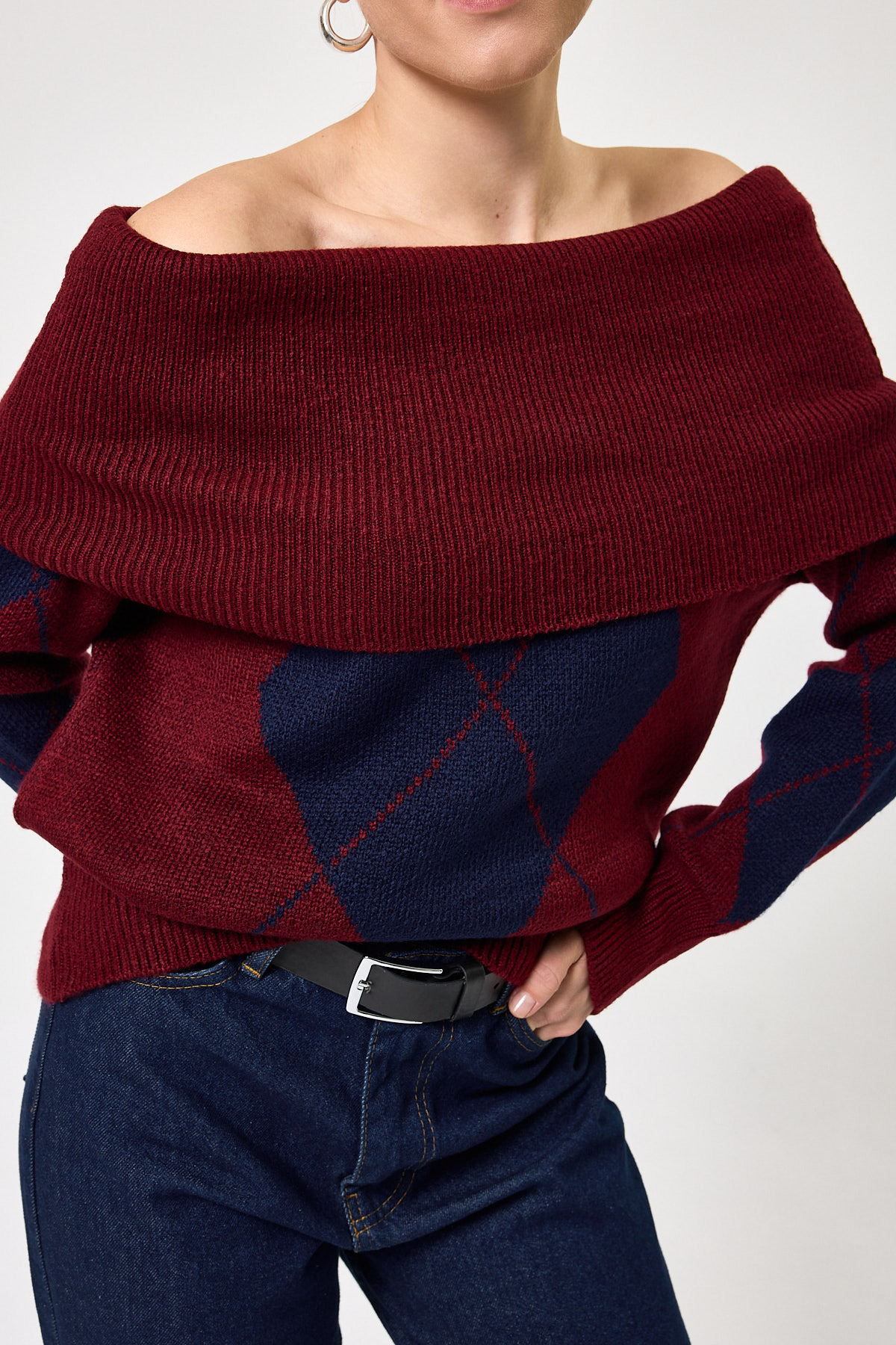 Bordo - Lacivert Düşük Omuz Desenli Kadın Triko Kazak 2123 - 4