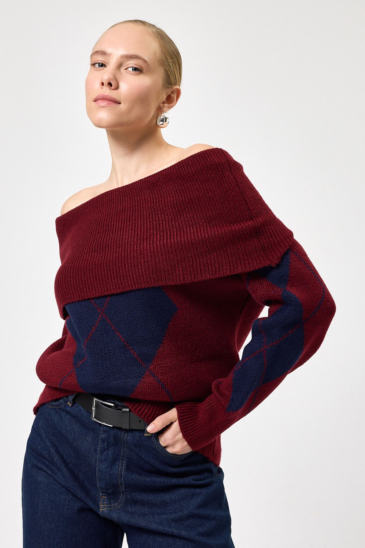 Bordo - Lacivert Düşük Omuz Desenli Kadın Triko Kazak 2123 - 6