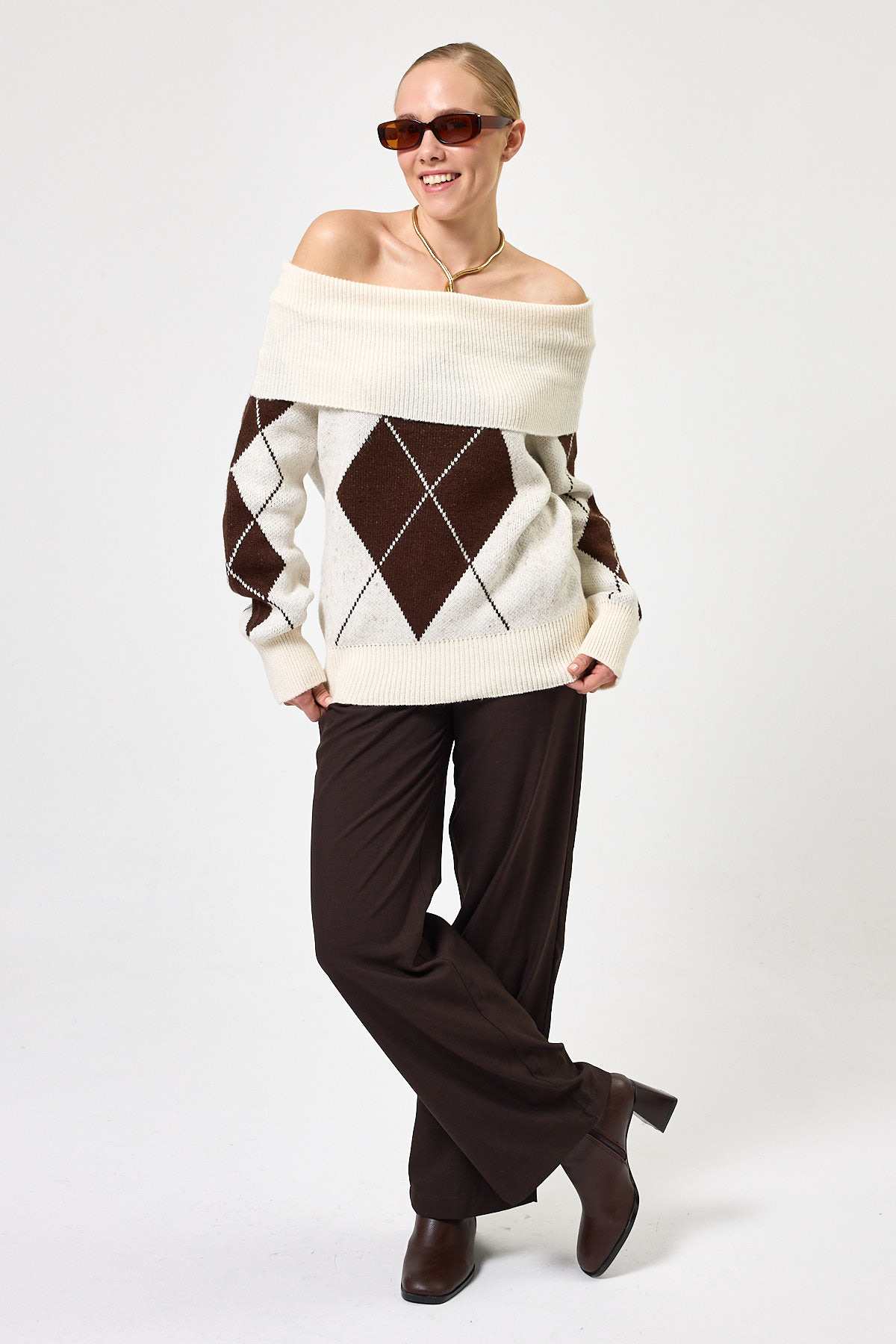 2123 Baklava Desenli Kazak Ekru-Kahve - RAYS